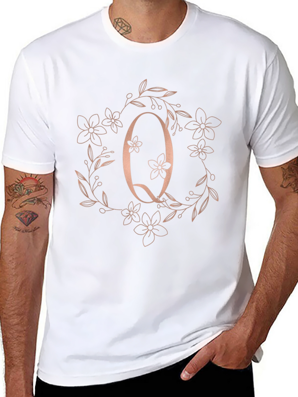 Floral Letter Q Black T-Shirt