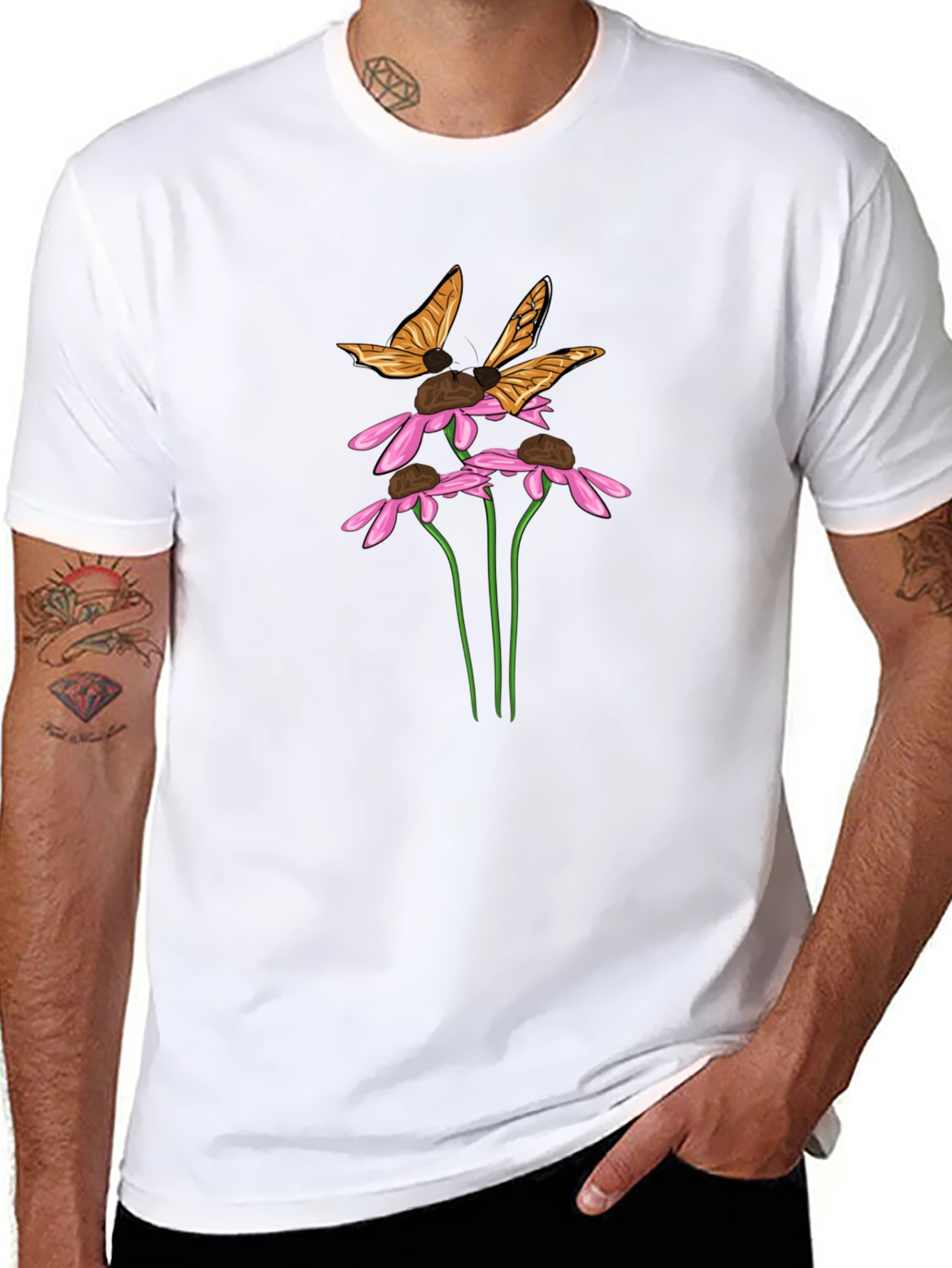 Butterfly & Flower Graphic Black T-Shirt