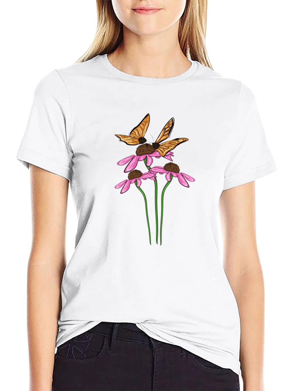 Butterfly & Flower Graphic Black T-Shirt