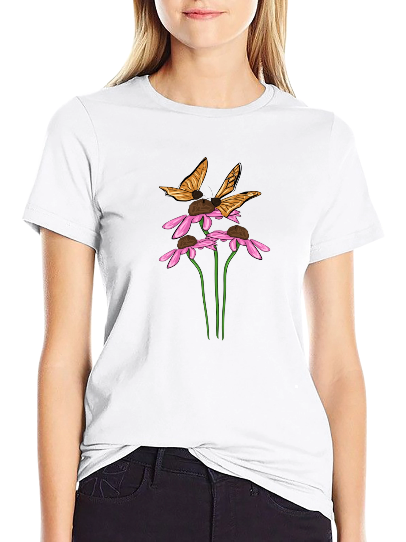 Butterfly & Flower Graphic Black T-Shirt