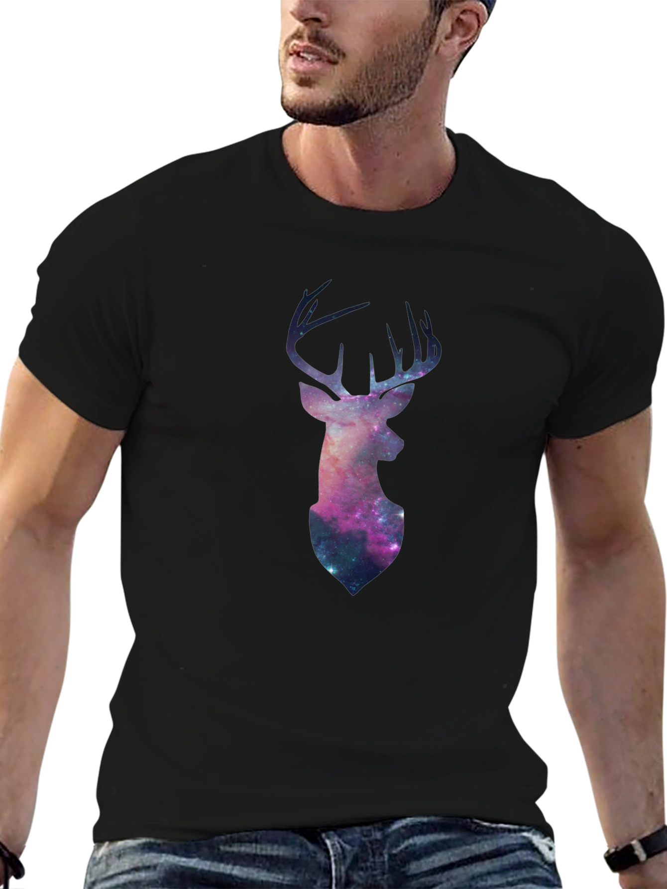 Galaxy Deer Graphic Tee - Black Casual T-Shirt