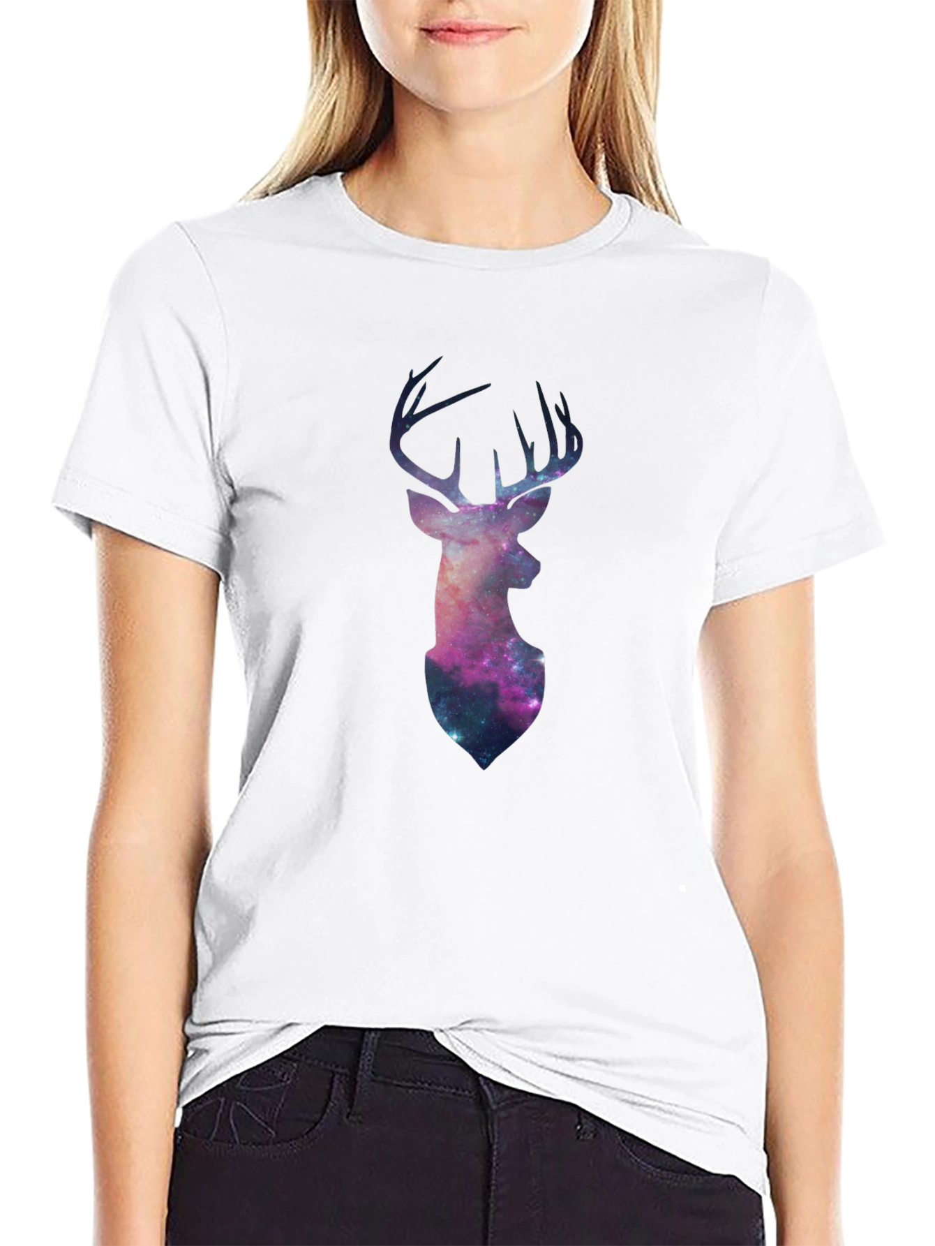 Galaxy Deer Graphic Tee - Black Casual T-Shirt