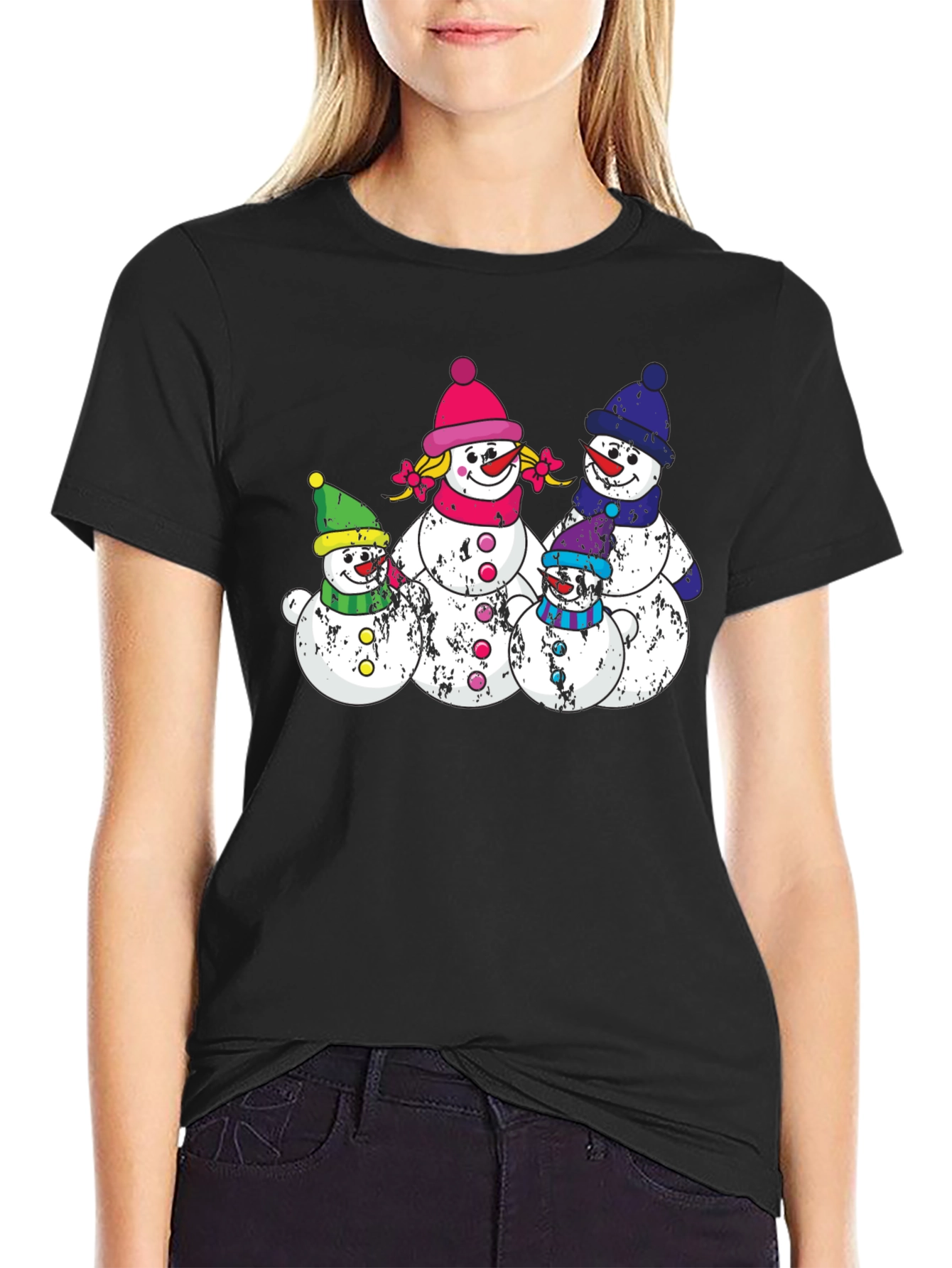 Snowman Family Black T-Shirt