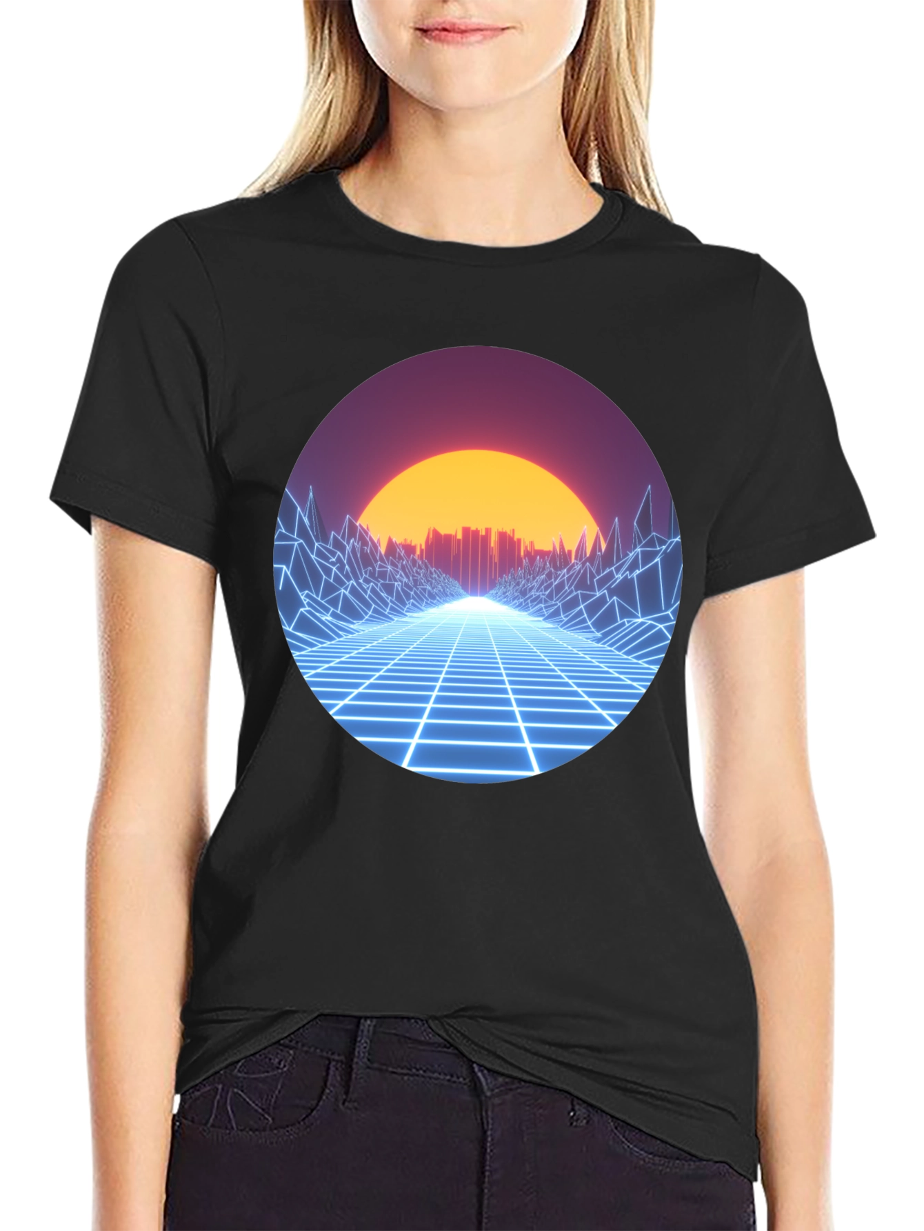 Retro Wave Grid Graphic Tee - Black