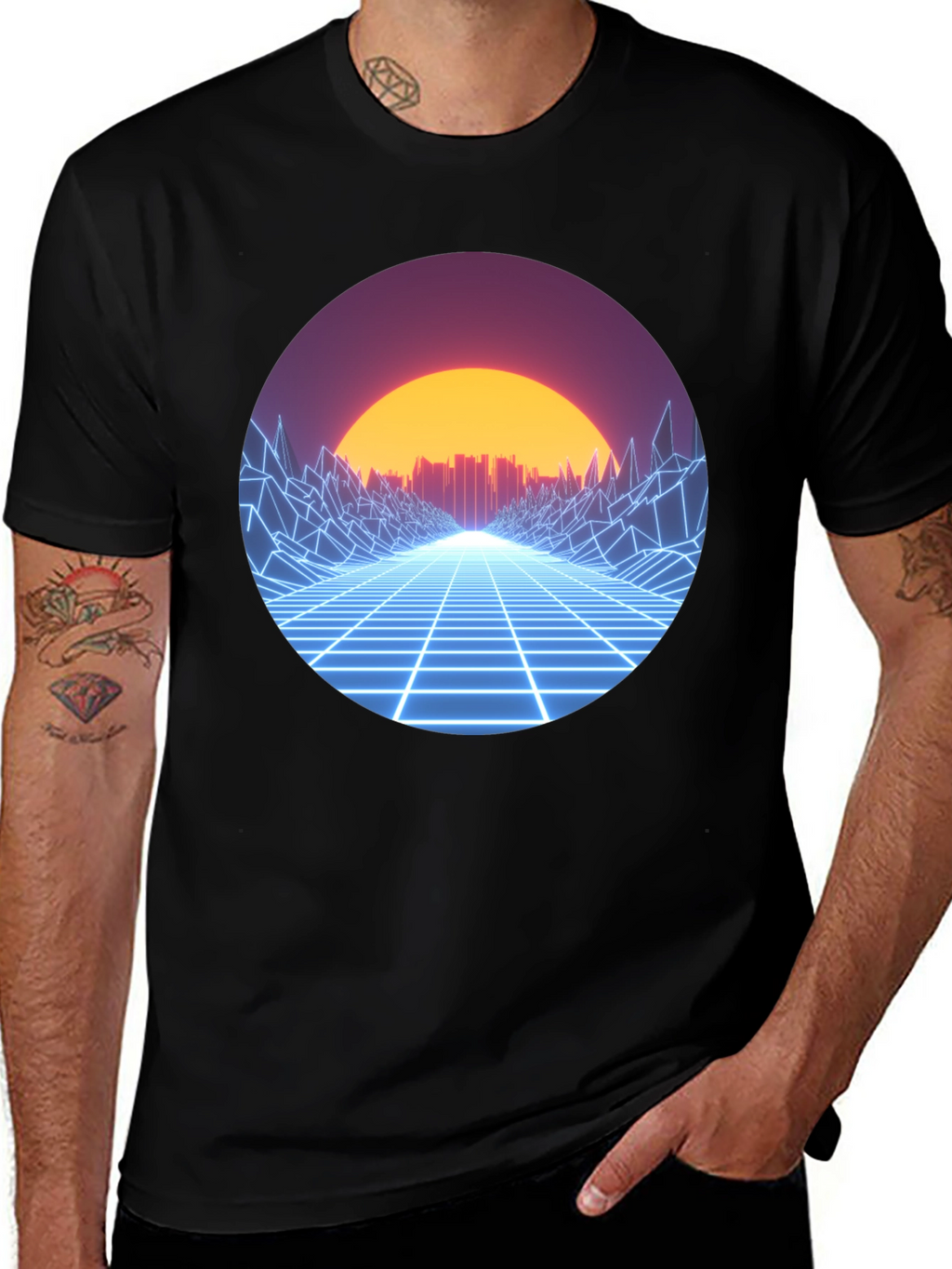 Retro Wave Grid Graphic Tee - Black