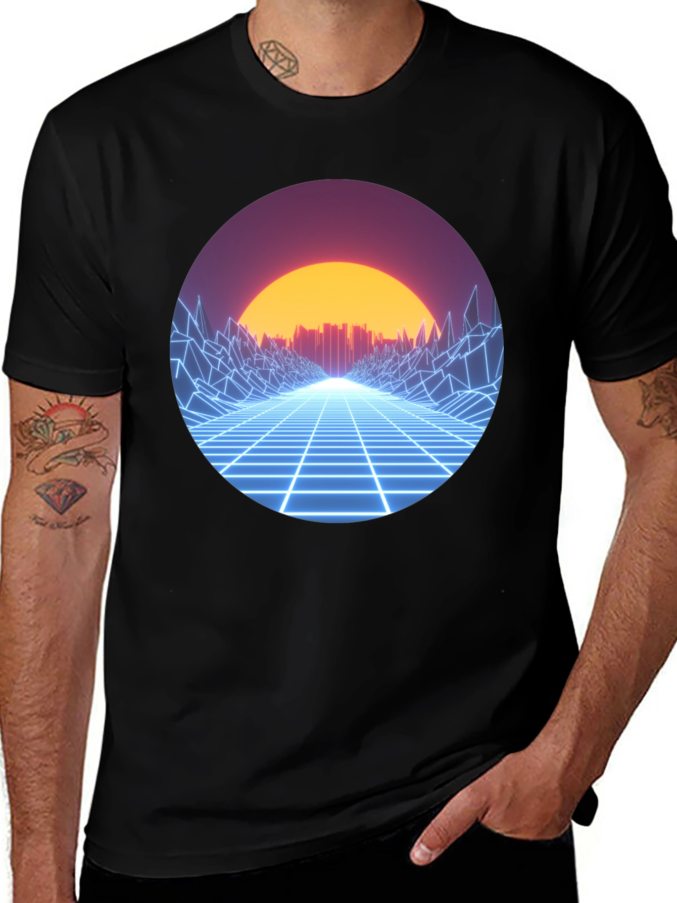 Retro Wave Grid Graphic Tee - Black