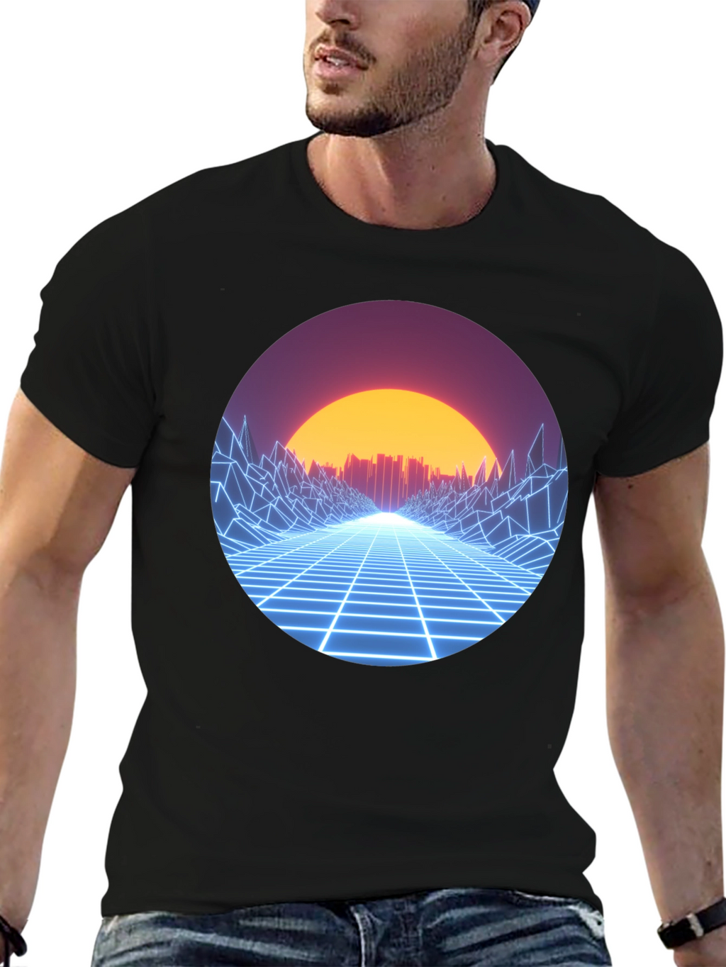 Retro Wave Grid Graphic Tee - Black