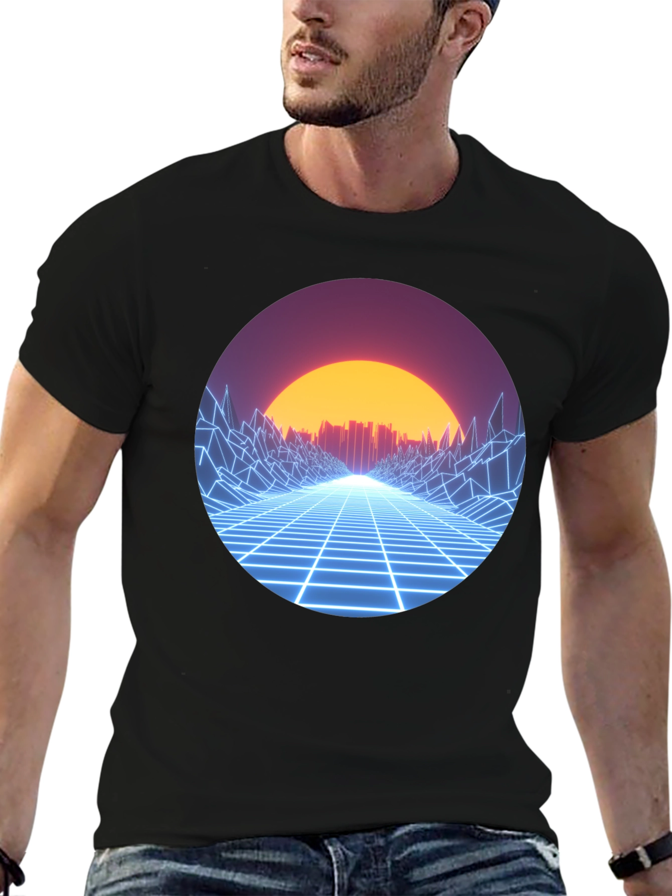 Retro Wave Grid Graphic Tee - Black