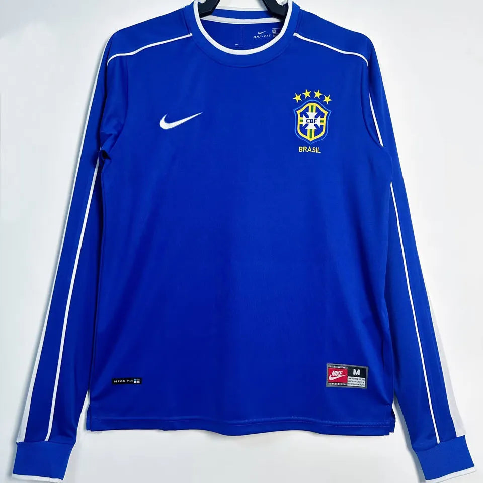 1998 Brazil Away Blue Retro Long Sleeve Soccer Jersey Front
