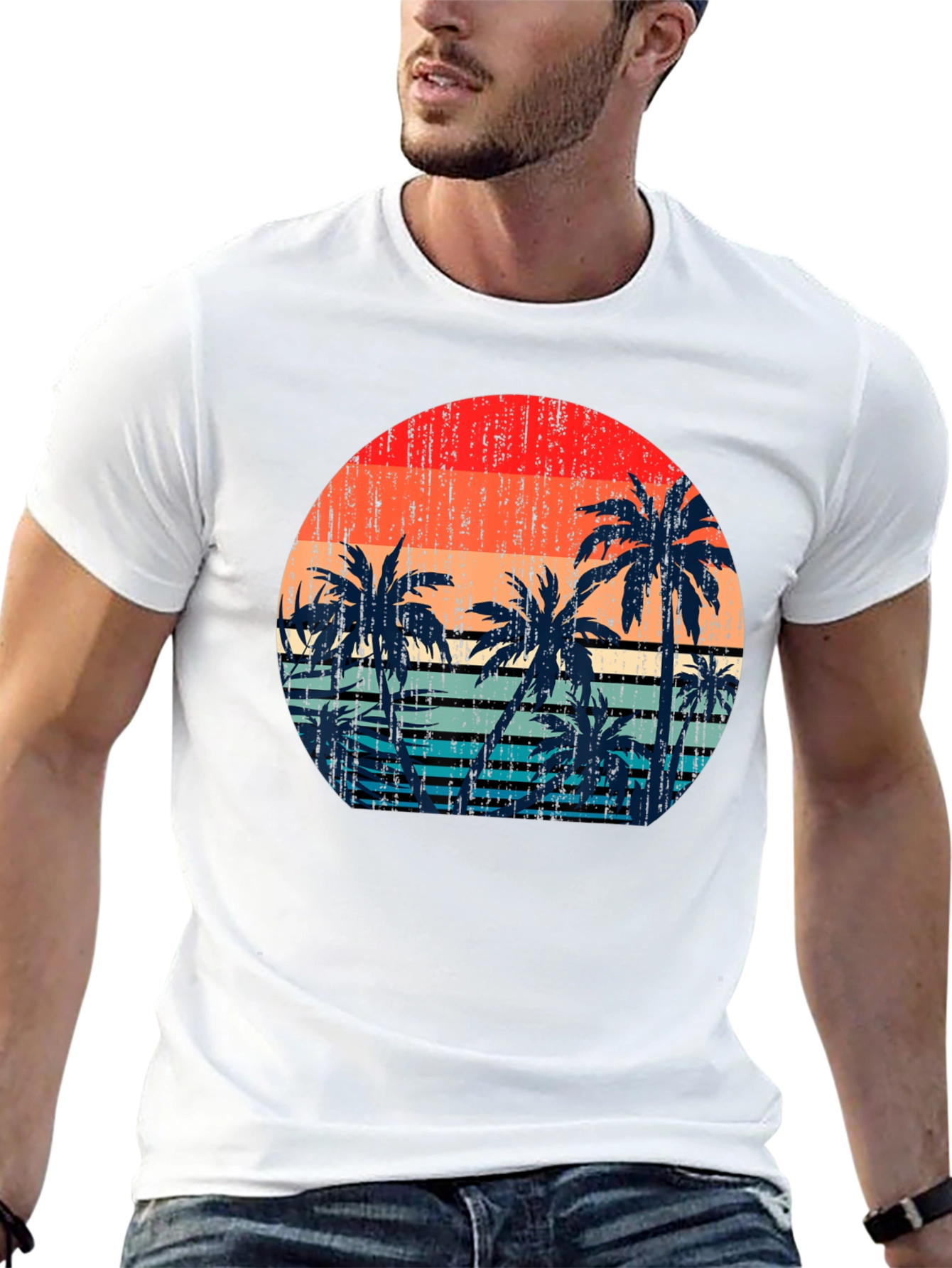 Retro Sunset Palm Tree Graphic T-Shirt