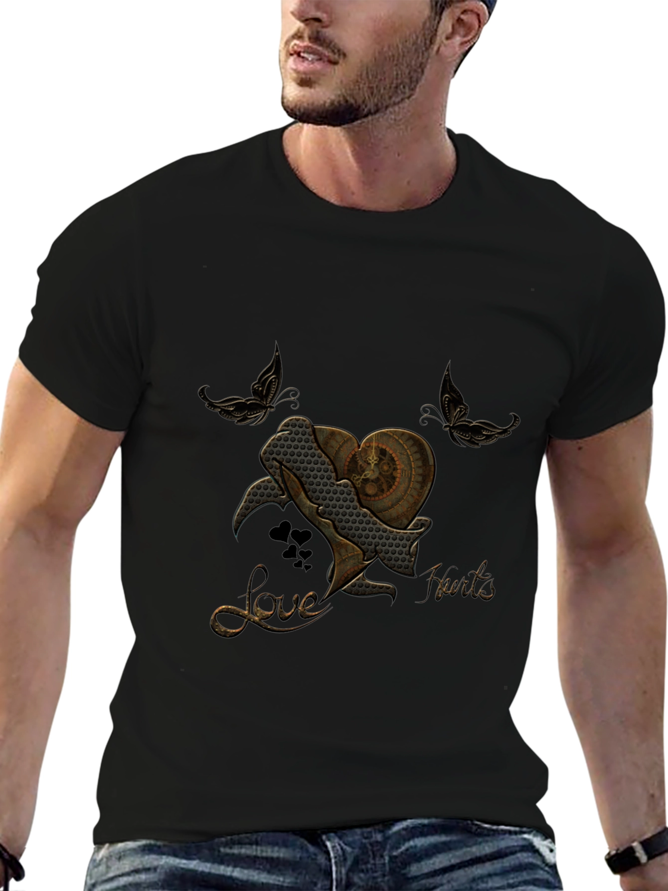 Steampunk Heart Butterfly Black T-Shirt