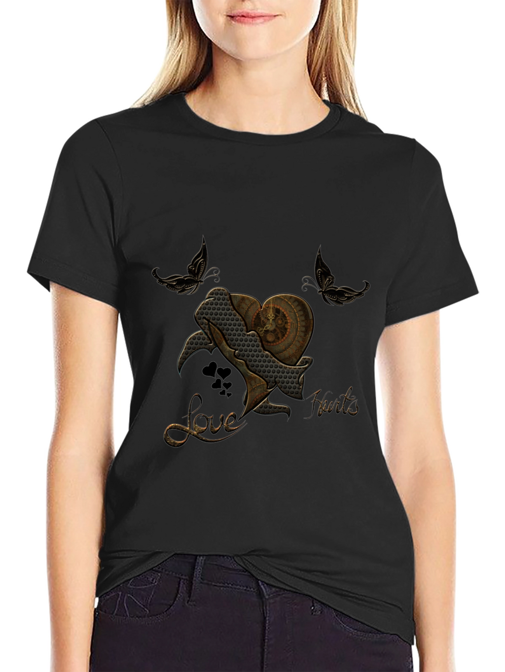 Steampunk Heart Butterfly Black T-Shirt