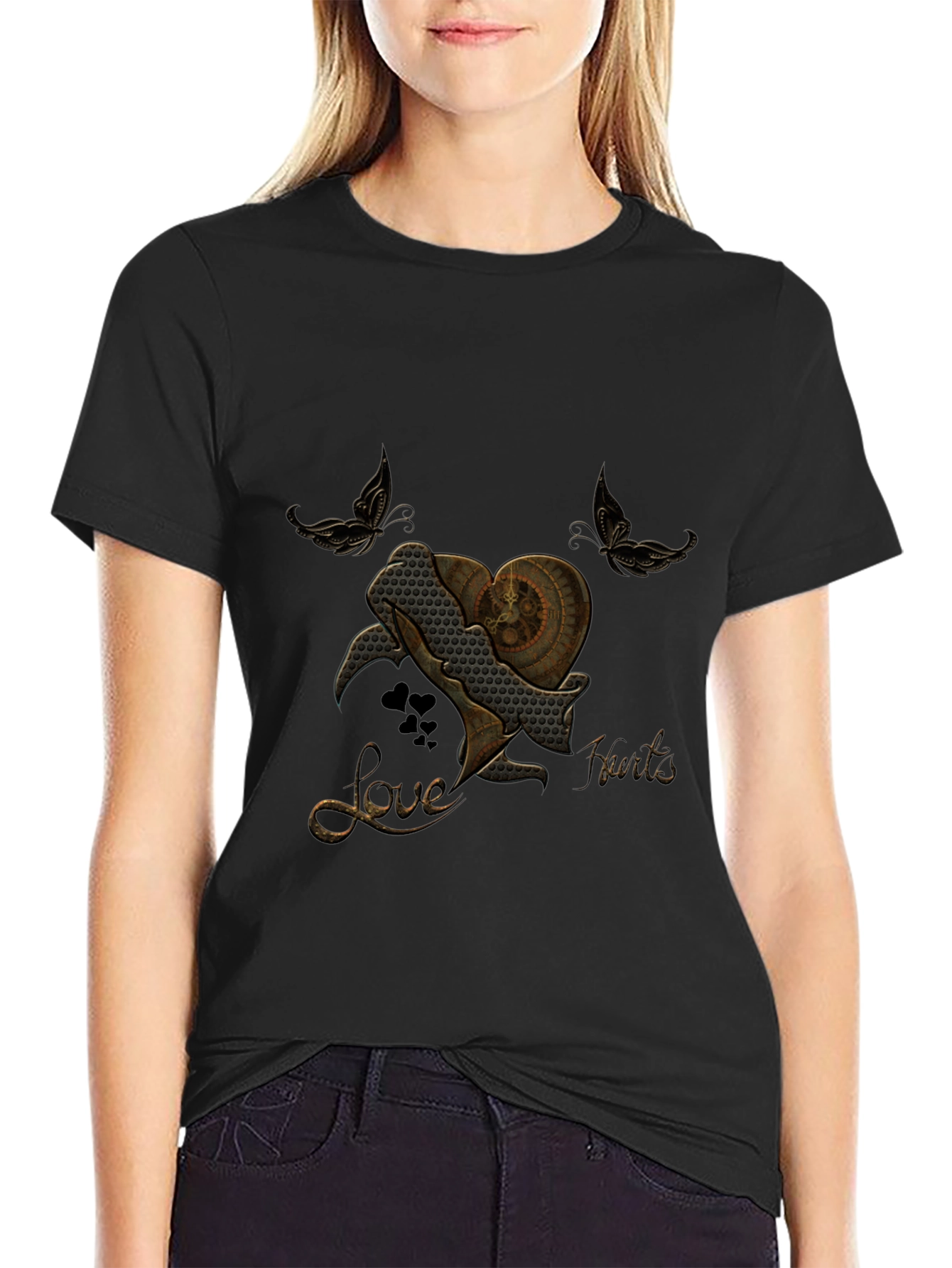 Steampunk Heart Butterfly Black T-Shirt