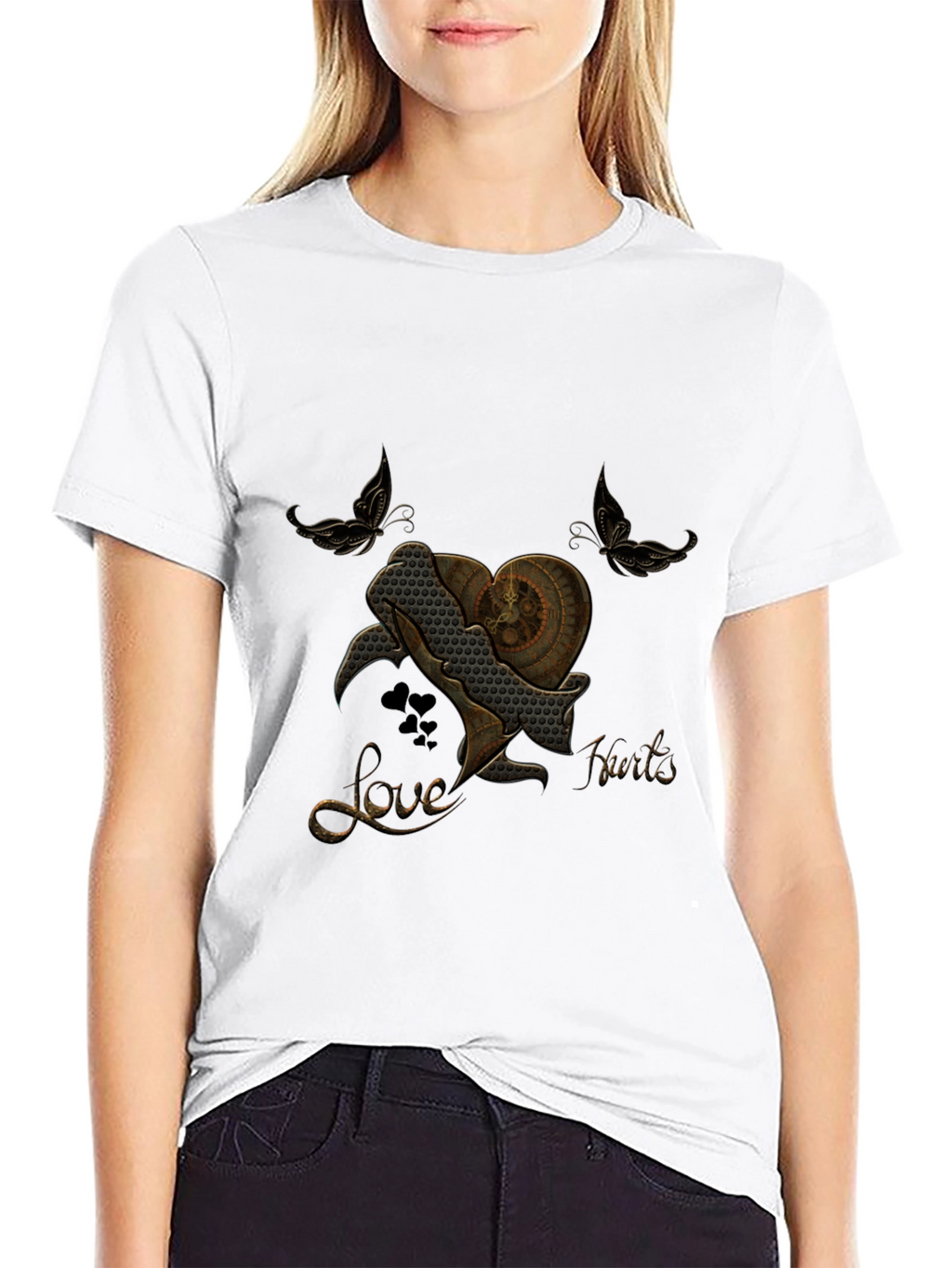 Steampunk Heart Butterfly Black T-Shirt