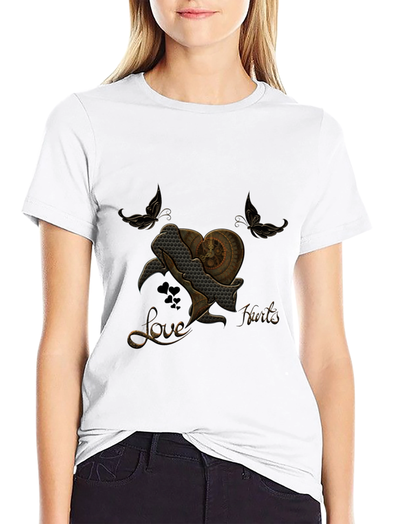 Steampunk Heart Butterfly Black T-Shirt