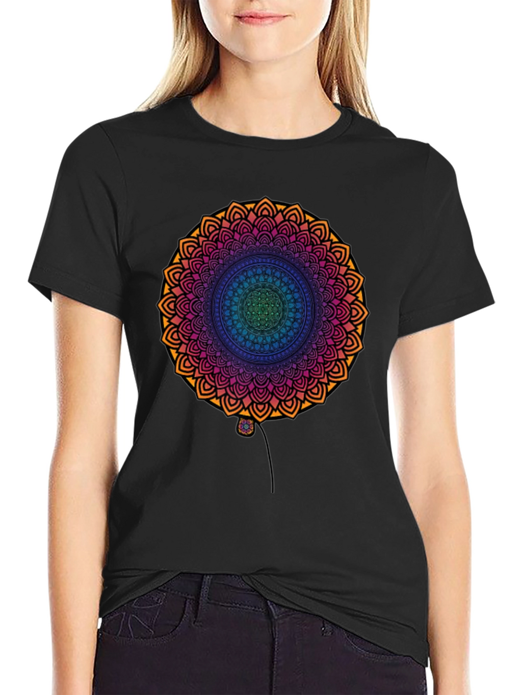 Vibrant Mandala Print Black T-Shirt