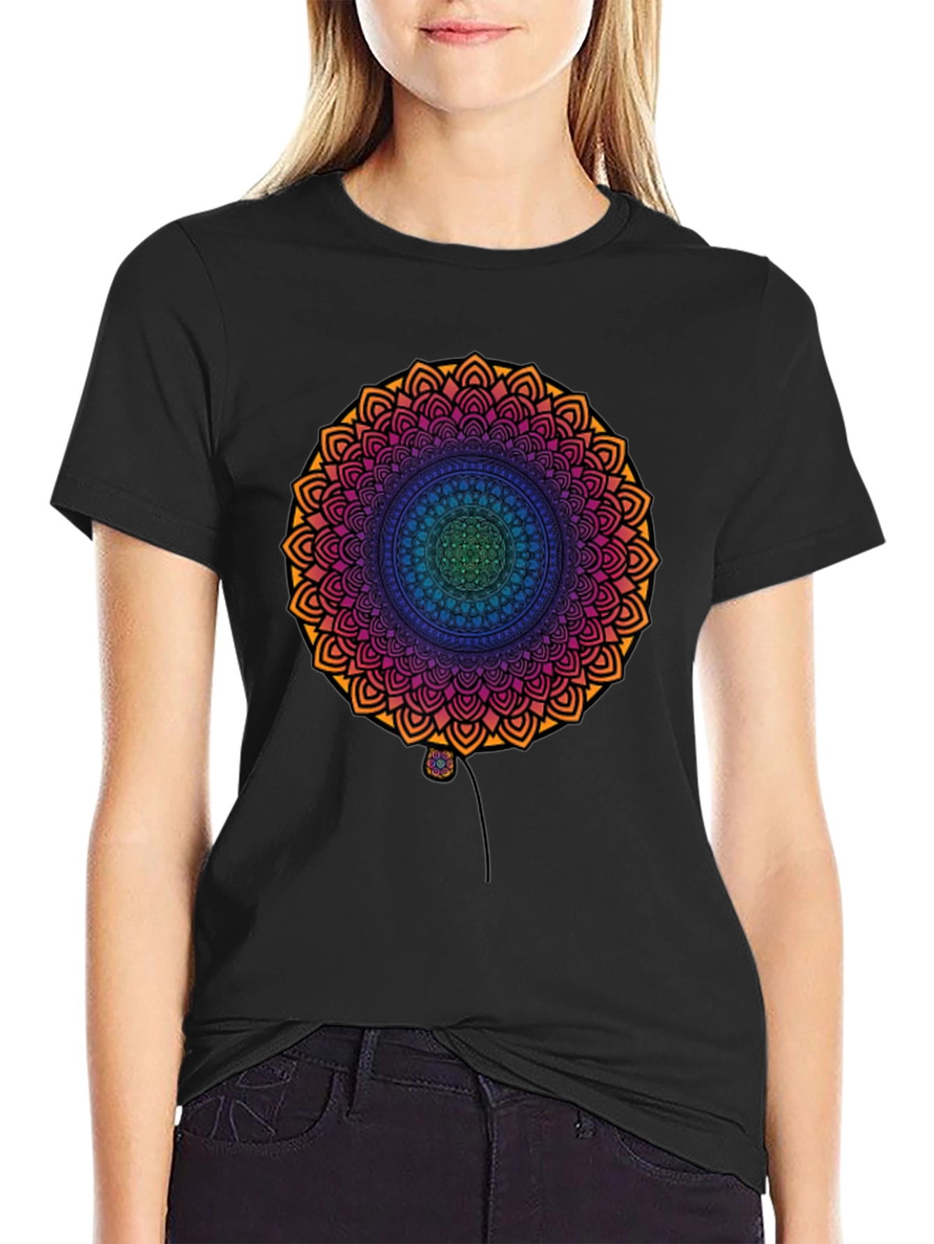 Vibrant Mandala Print Black T-Shirt