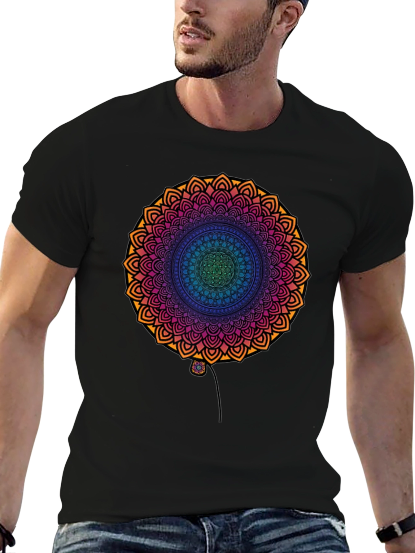 Vibrant Mandala Print Black T-Shirt