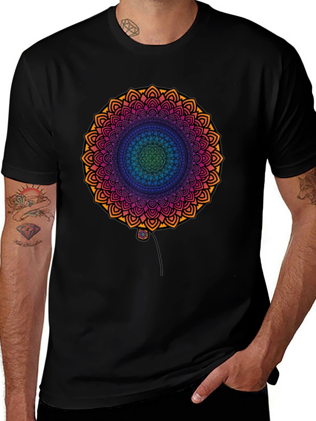 Vibrant Mandala Print Black T-Shirt