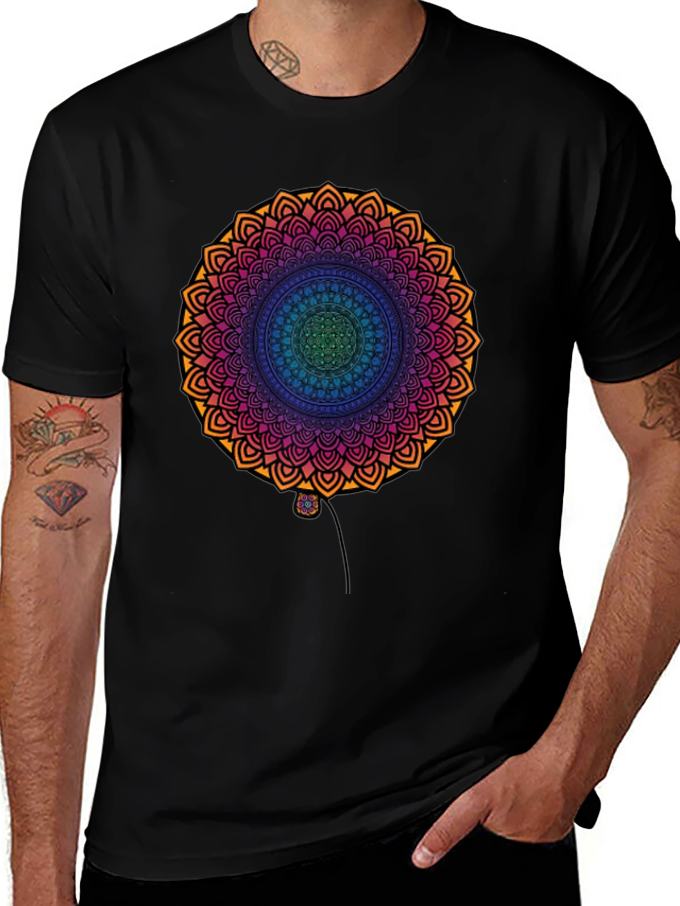 Vibrant Mandala Print Black T-Shirt