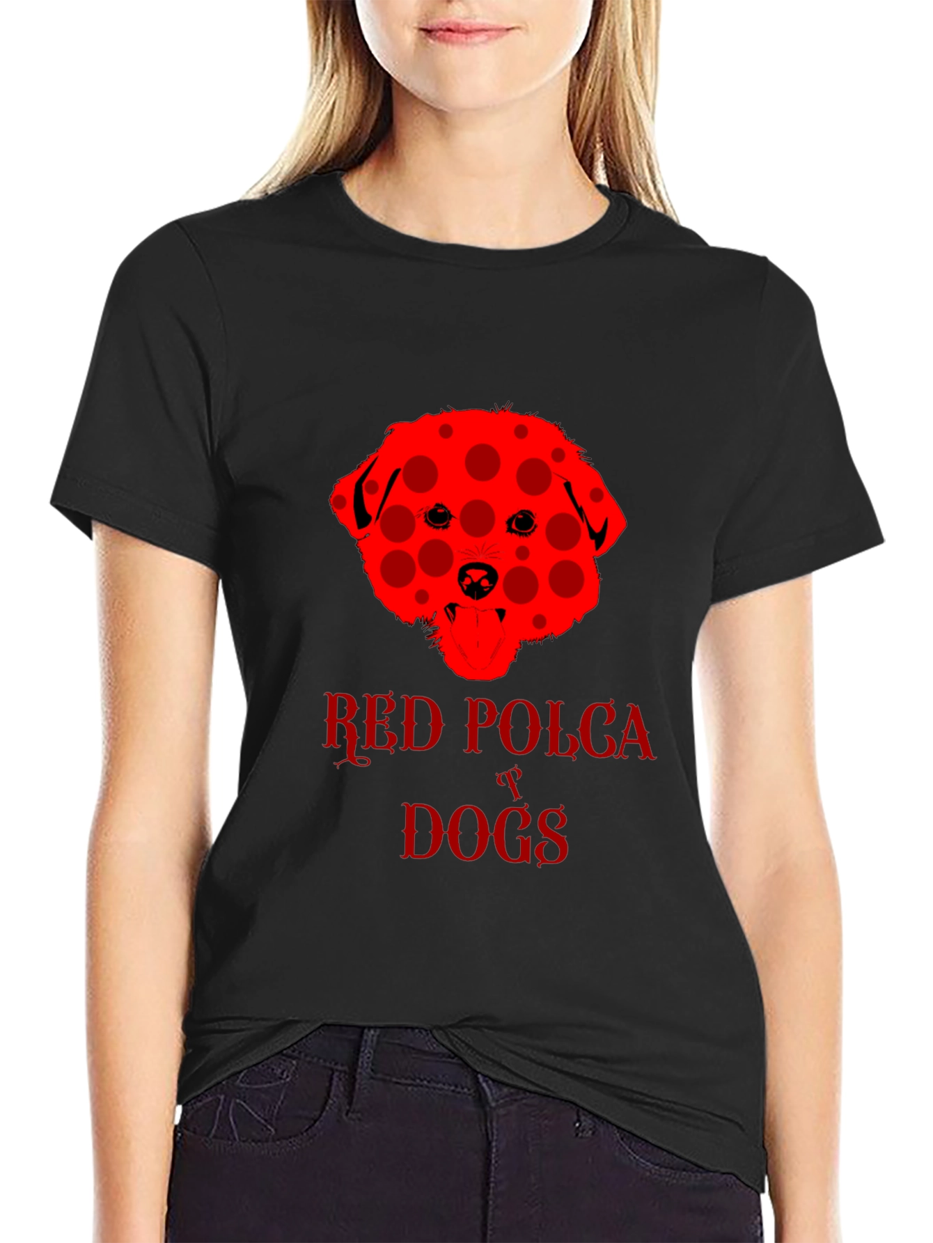 Red Polka Dot Dog T-Shirt Black Crew Neck Tee