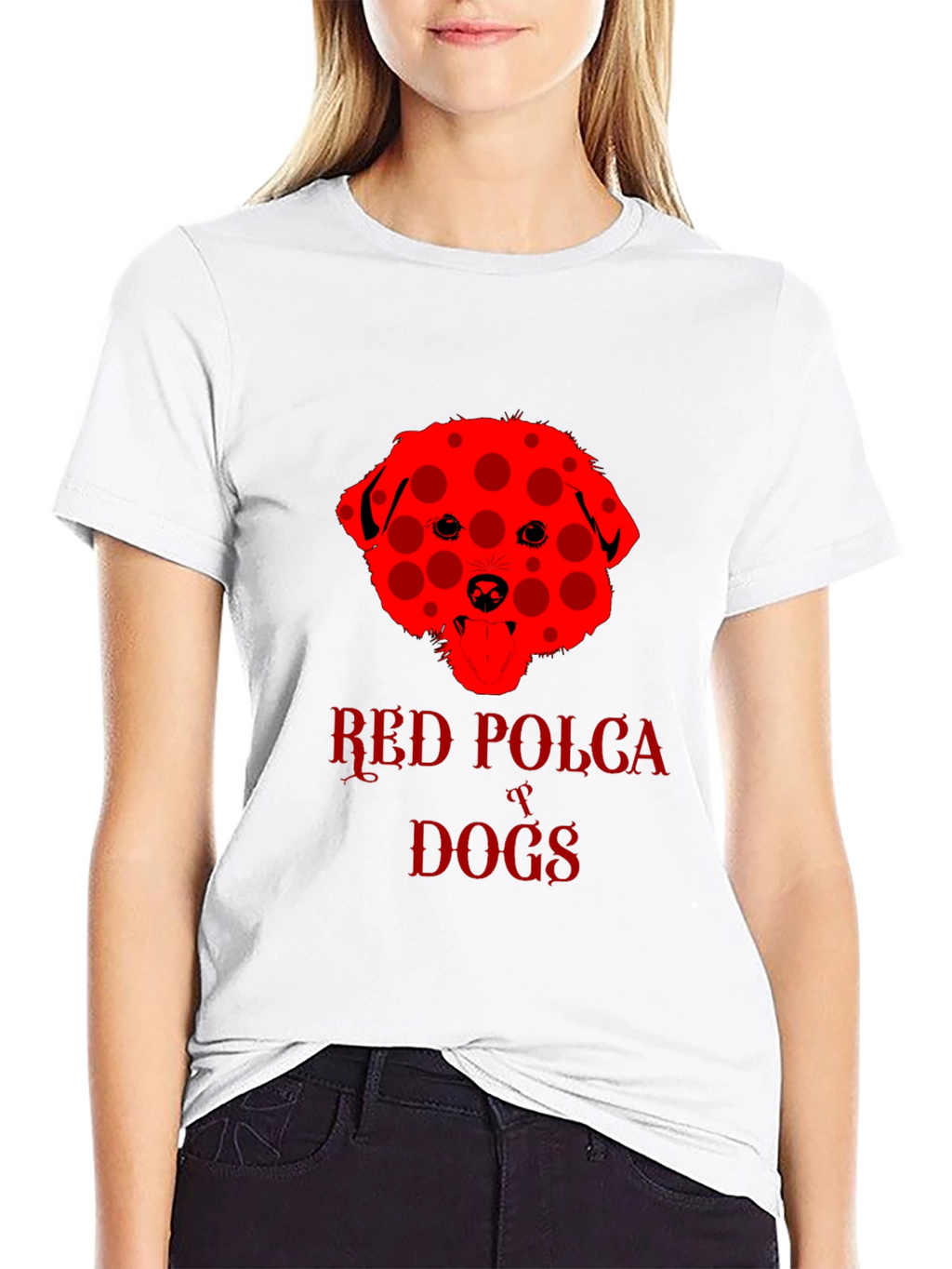 Red Polka Dot Dog T-Shirt Black Crew Neck Tee