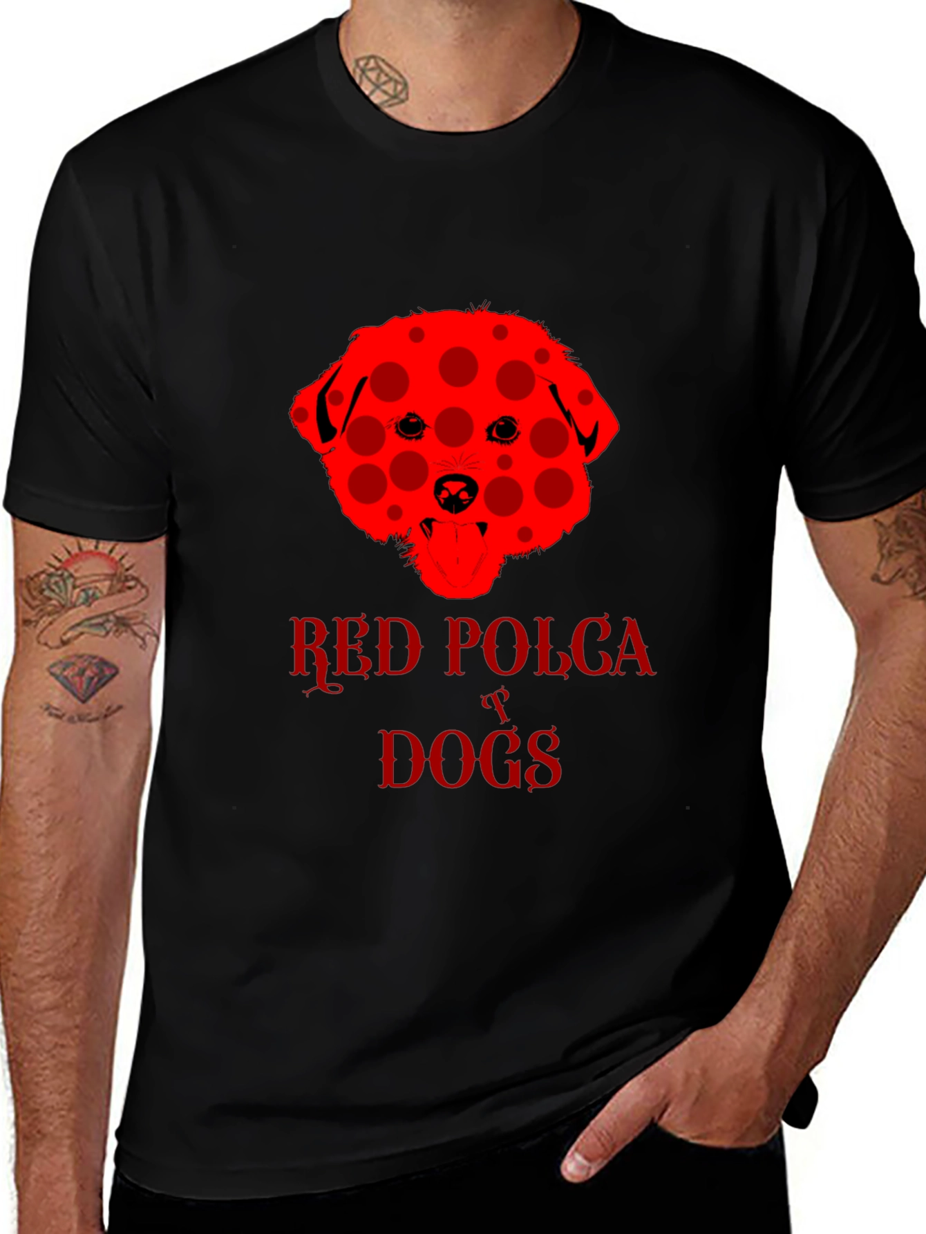 Red Polka Dot Dog T-Shirt Black Crew Neck Tee