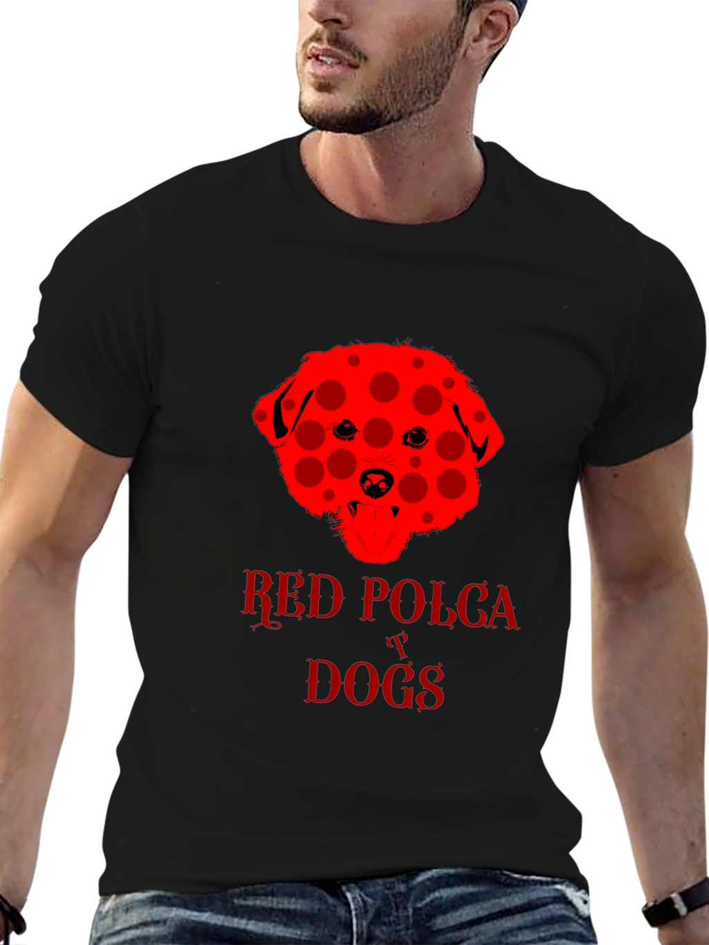 Red Polka Dot Dog T-Shirt Black Crew Neck Tee