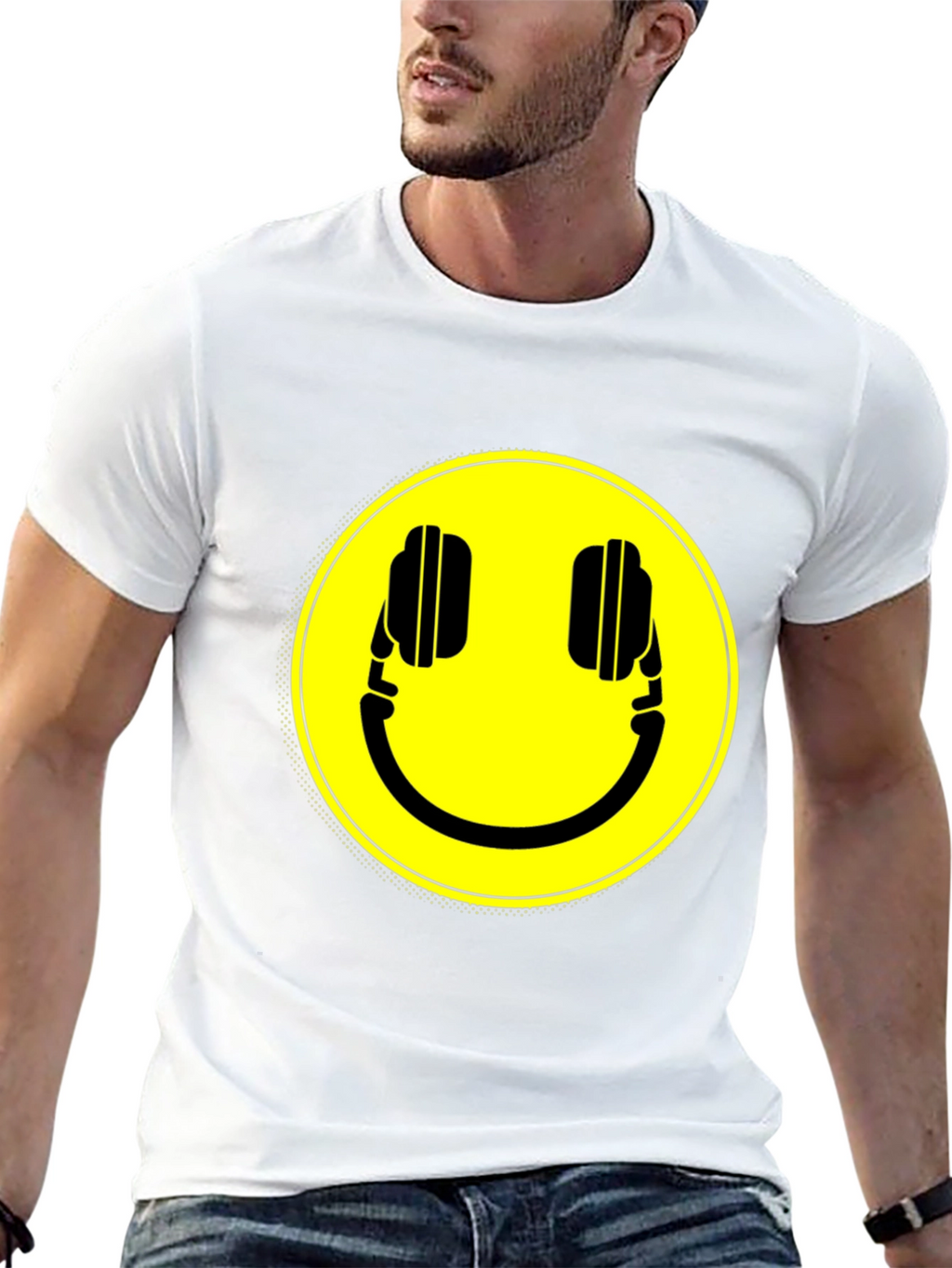 Smiley Headphone Graphic T-Shirt - Casual Black Tee