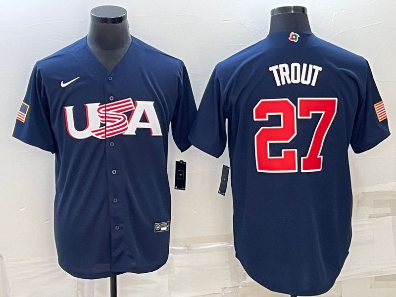 Men's 2023 World Baseball Classic #27 Mike Trout USA Navy Jerseys