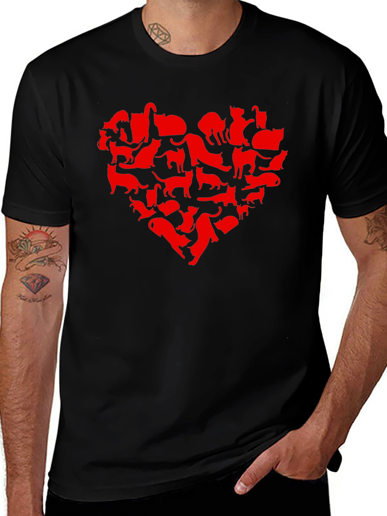 Cat Heart T-Shirt - Black Crew Neck Animal Lover Tee