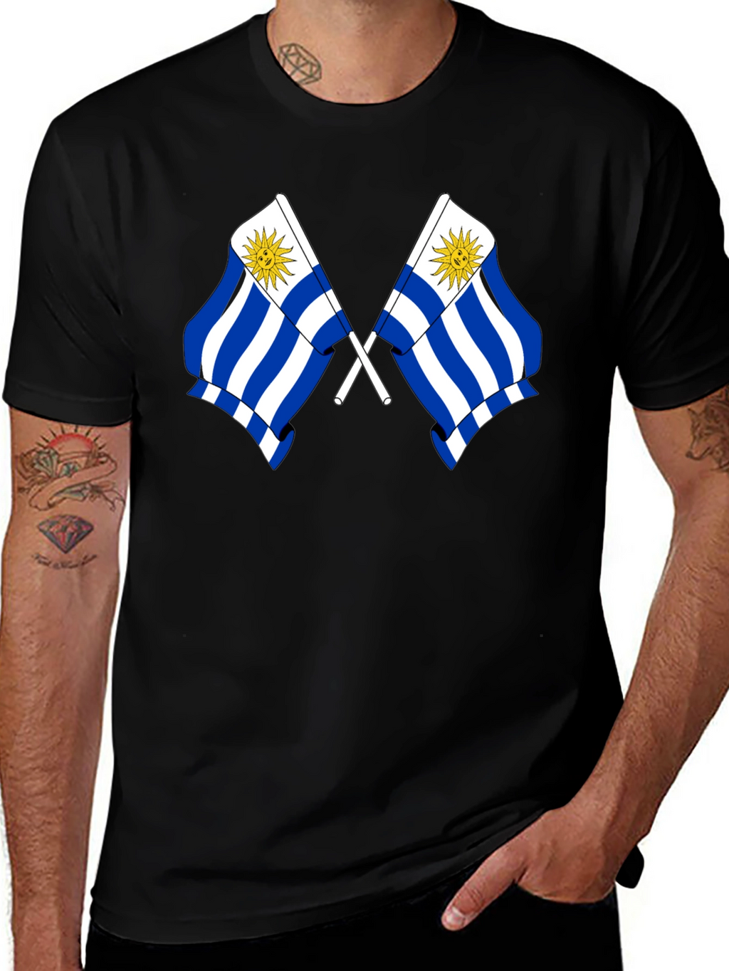 Uruguay Flag Graphic Tee - Black Cotton T-Shirt