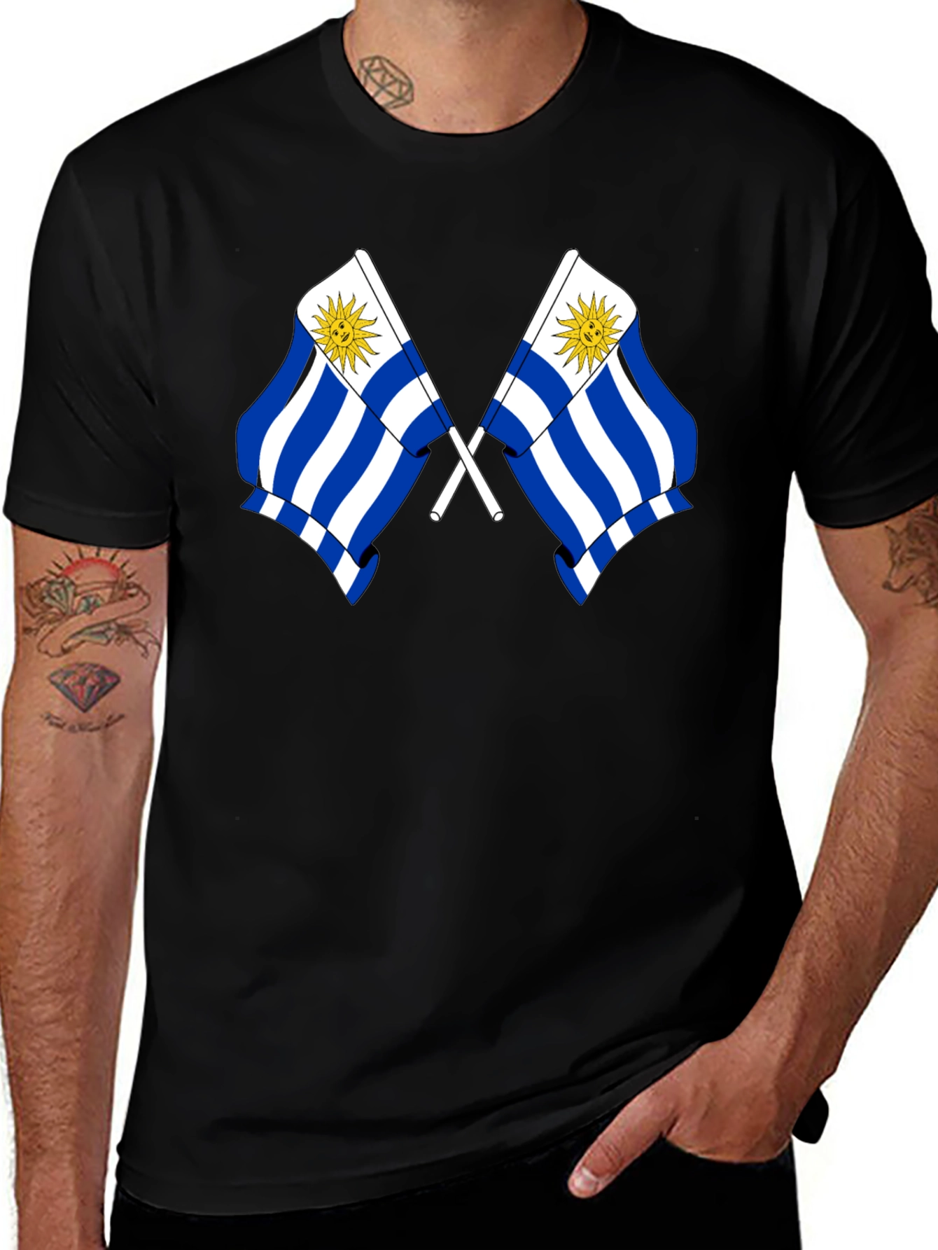 Uruguay Flag Graphic Tee - Black Cotton T-Shirt