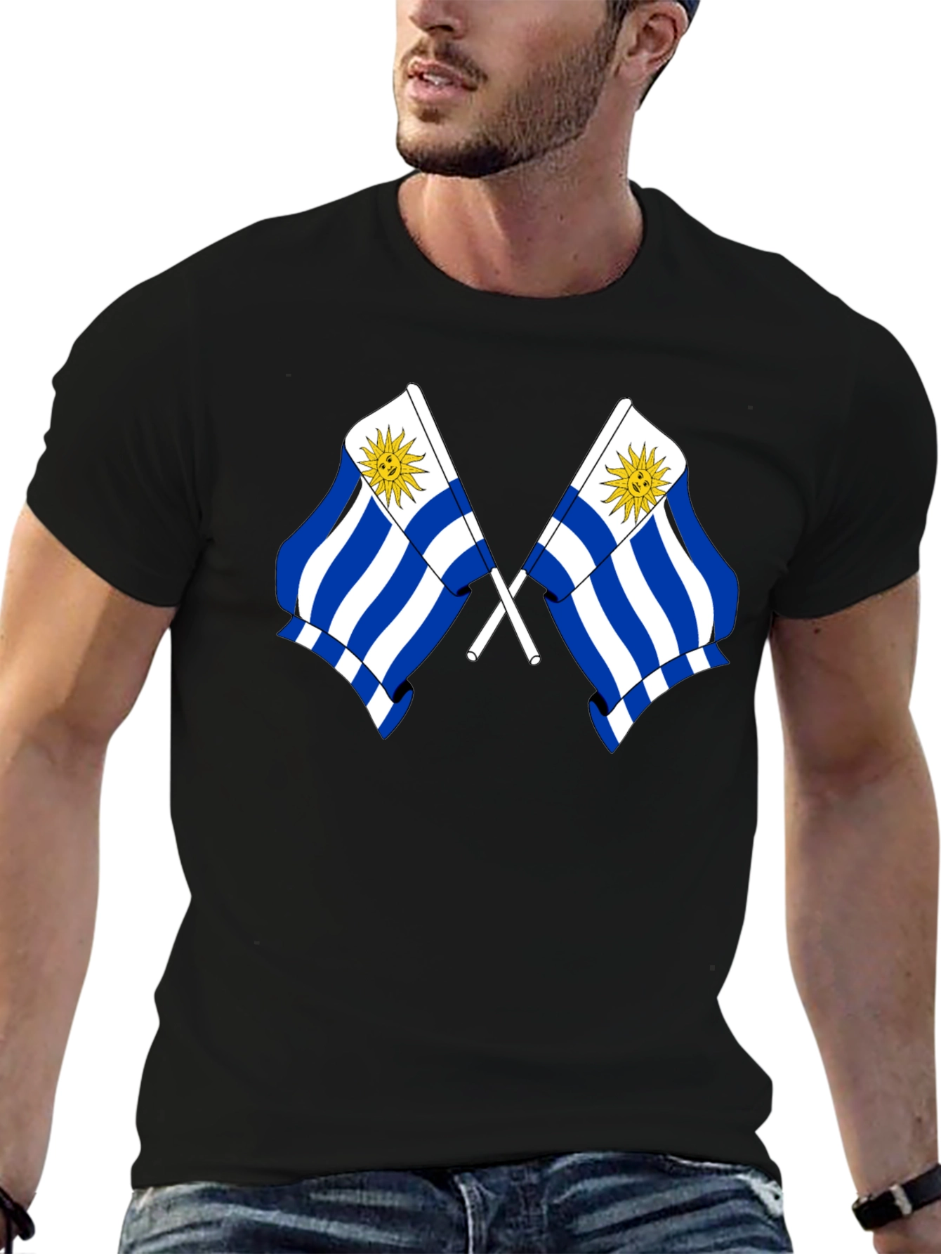 Uruguay Flag Graphic Tee - Black Cotton T-Shirt
