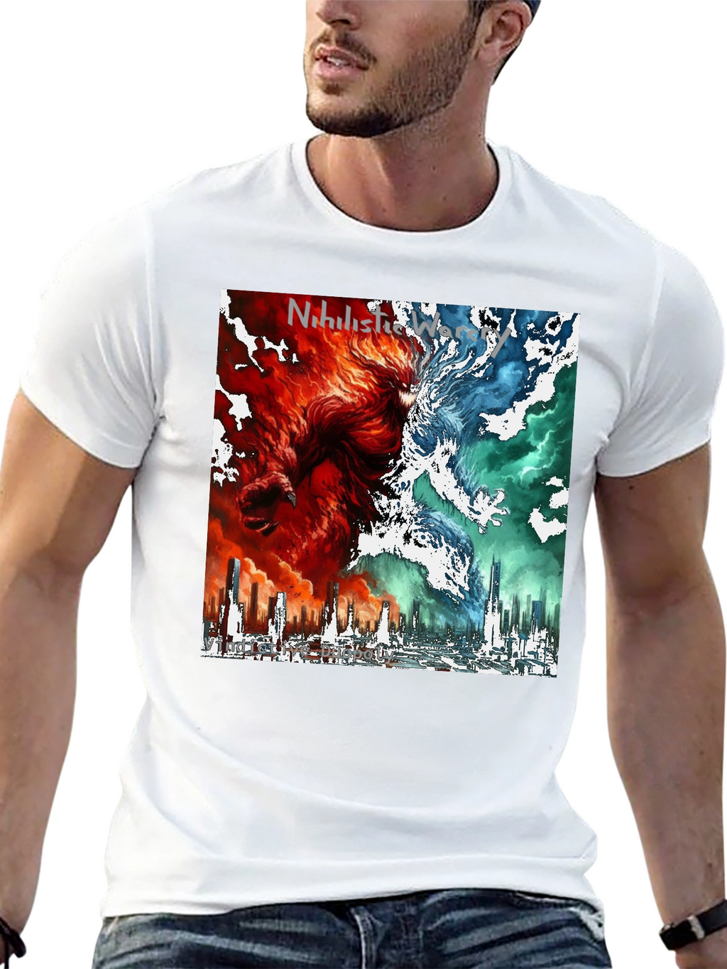 Dual Nature Graphic Tee - Fire & Ice Cityscape