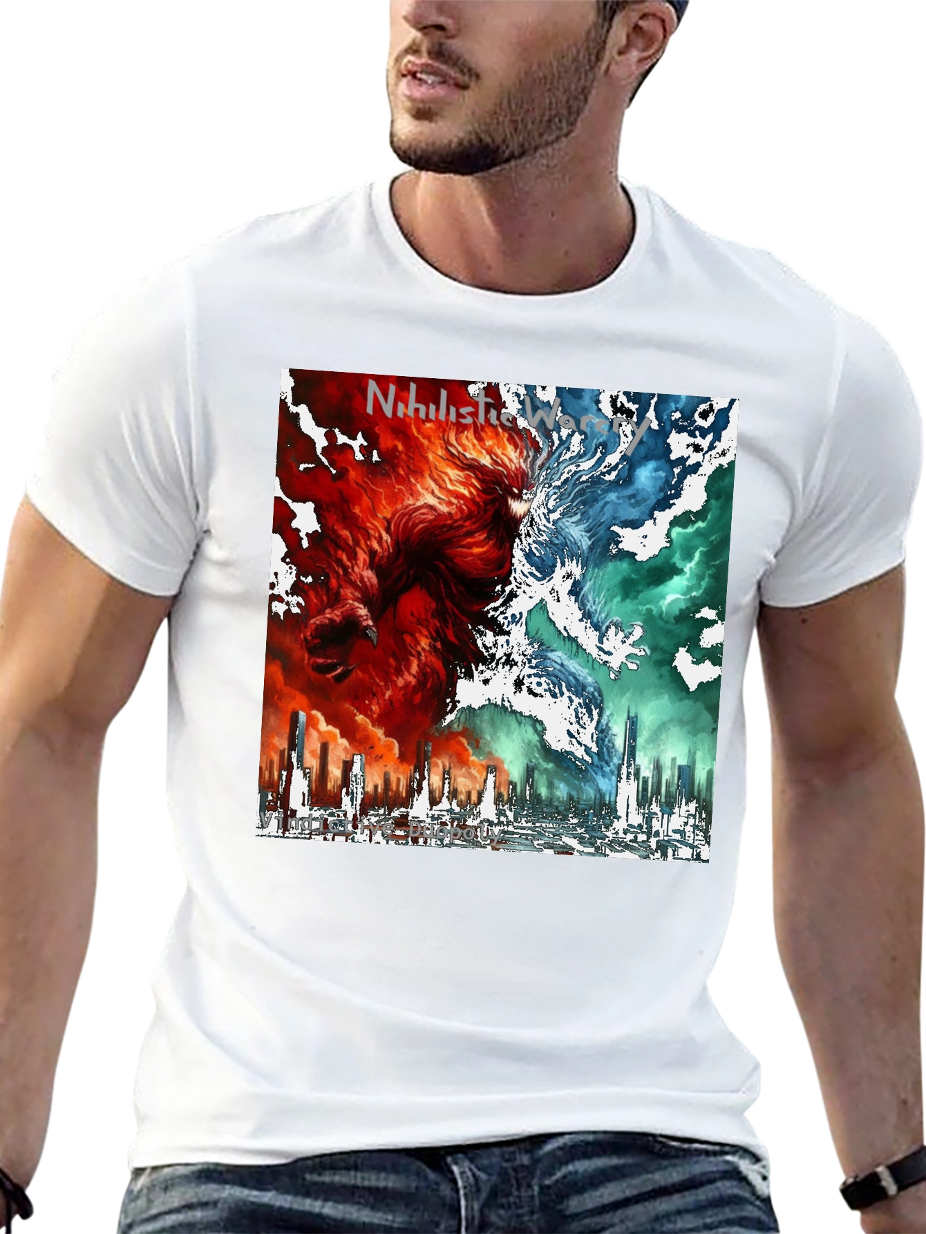 Dual Nature Graphic Tee - Fire & Ice Cityscape
