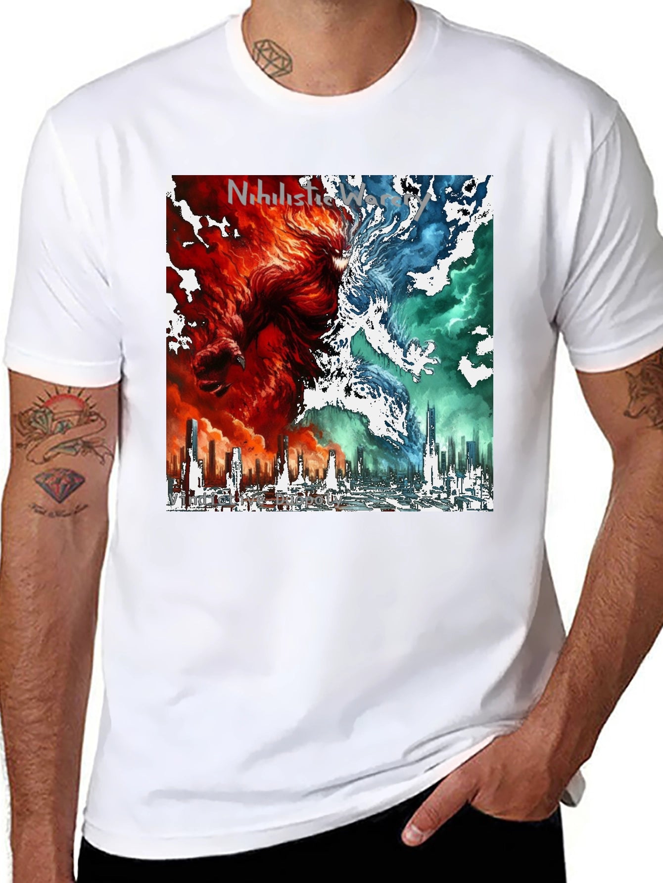 Dual Nature Graphic Tee - Fire & Ice Cityscape