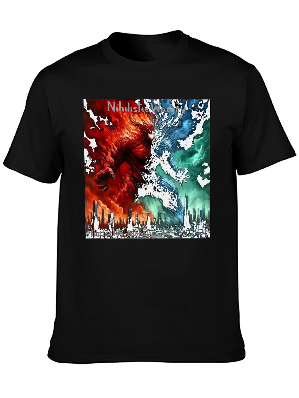 Dual Nature Graphic Tee - Fire & Ice Cityscape