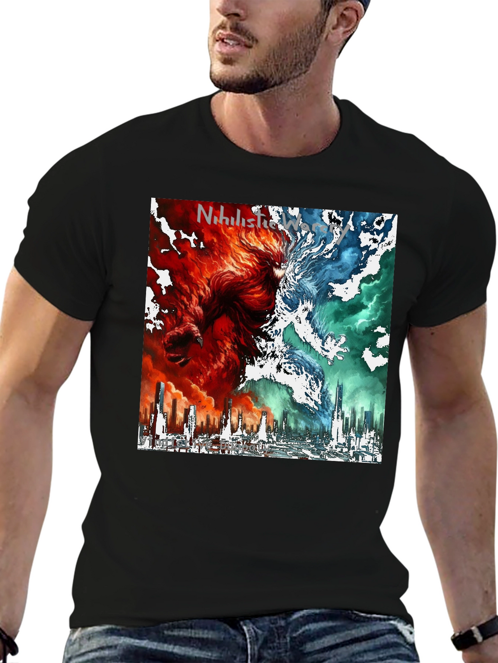 Dual Nature Graphic Tee - Fire & Ice Cityscape