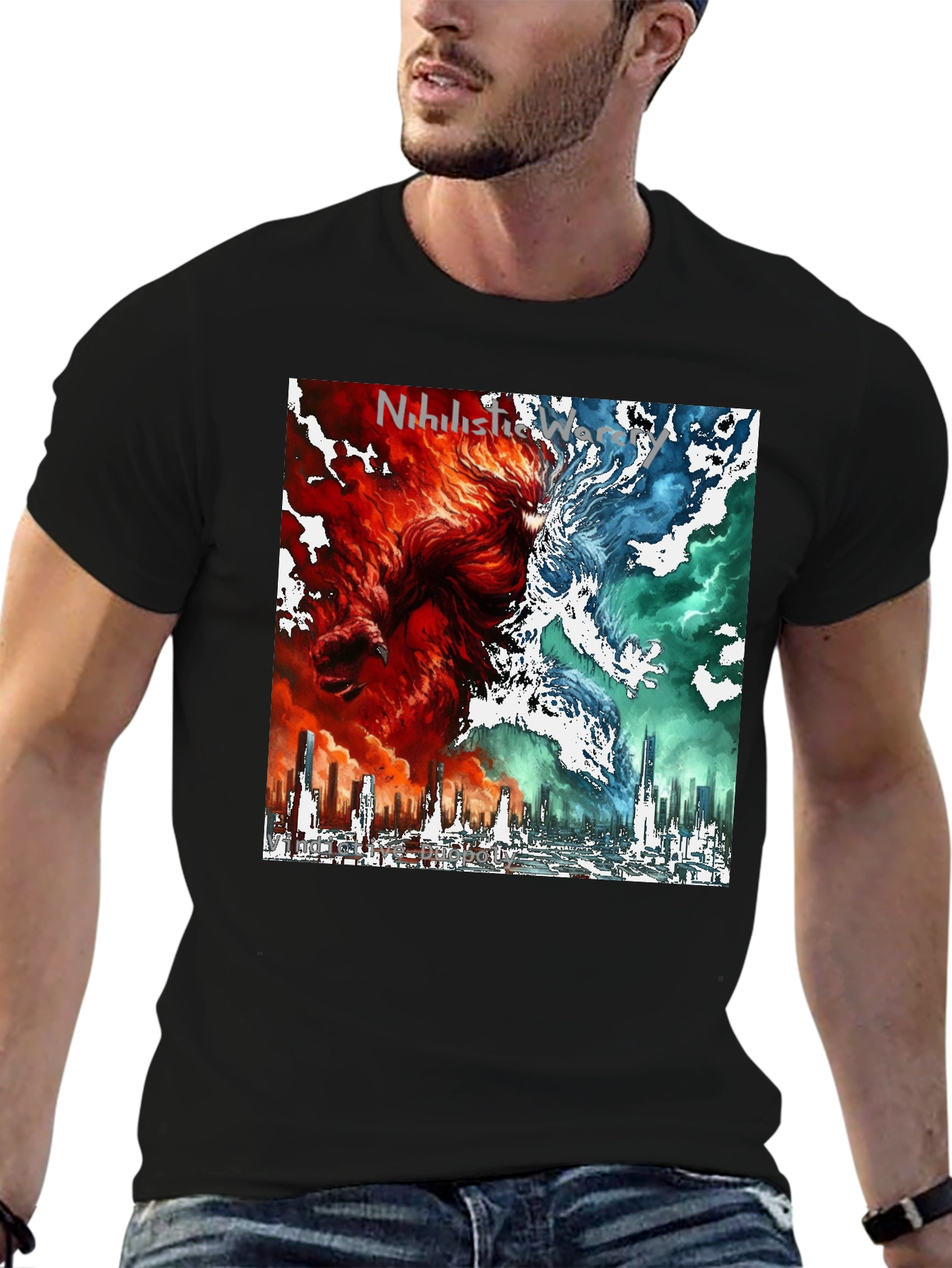 Dual Nature Graphic Tee - Fire & Ice Cityscape