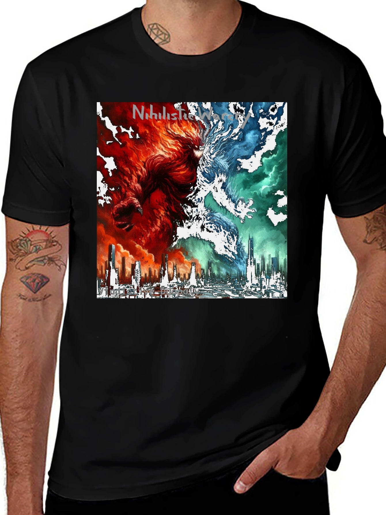Dual Nature Graphic Tee - Fire & Ice Cityscape