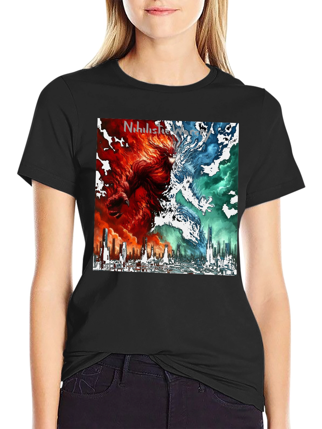 Dual Nature Graphic Tee - Fire & Ice Cityscape