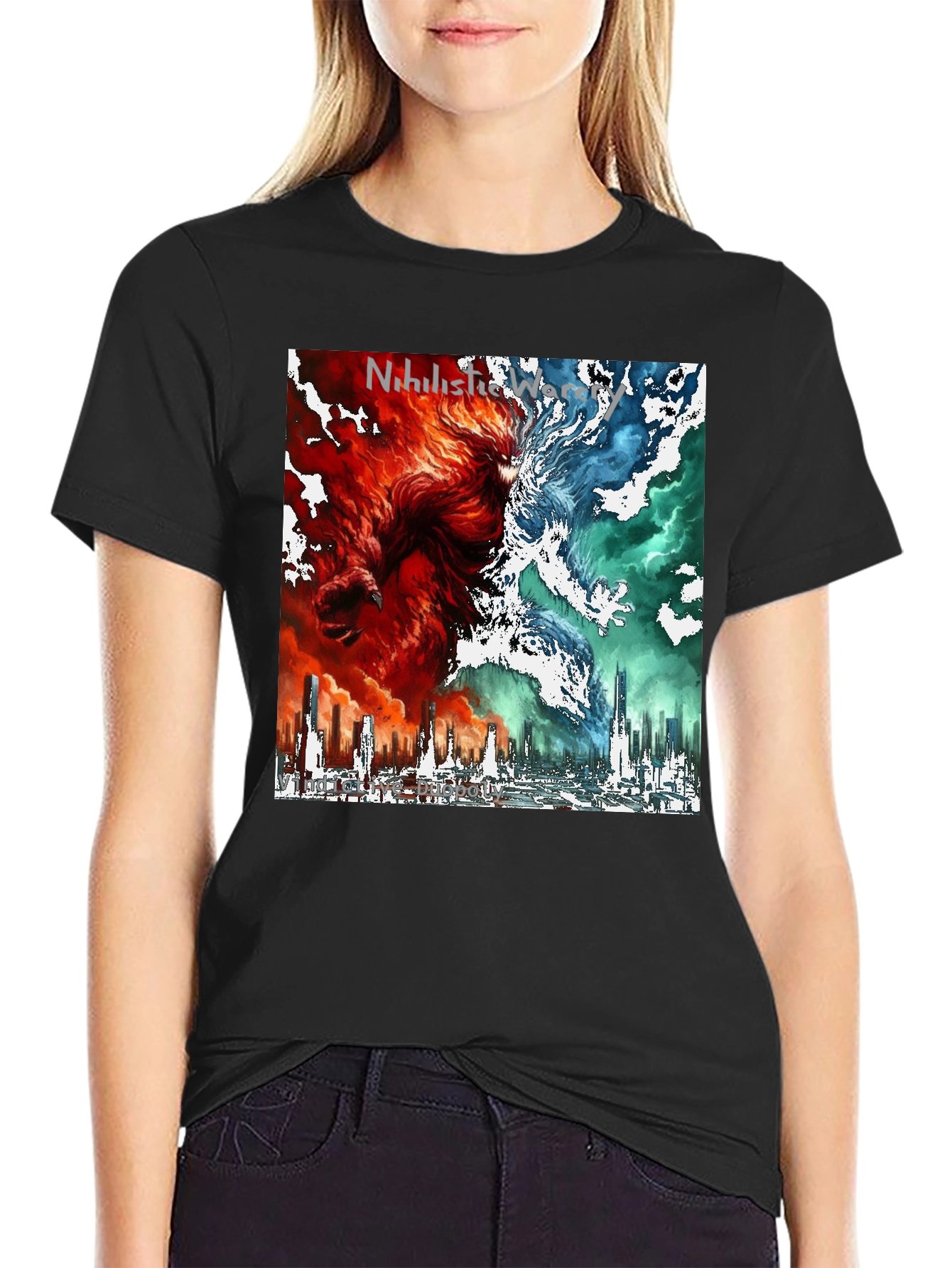 Dual Nature Graphic Tee - Fire & Ice Cityscape