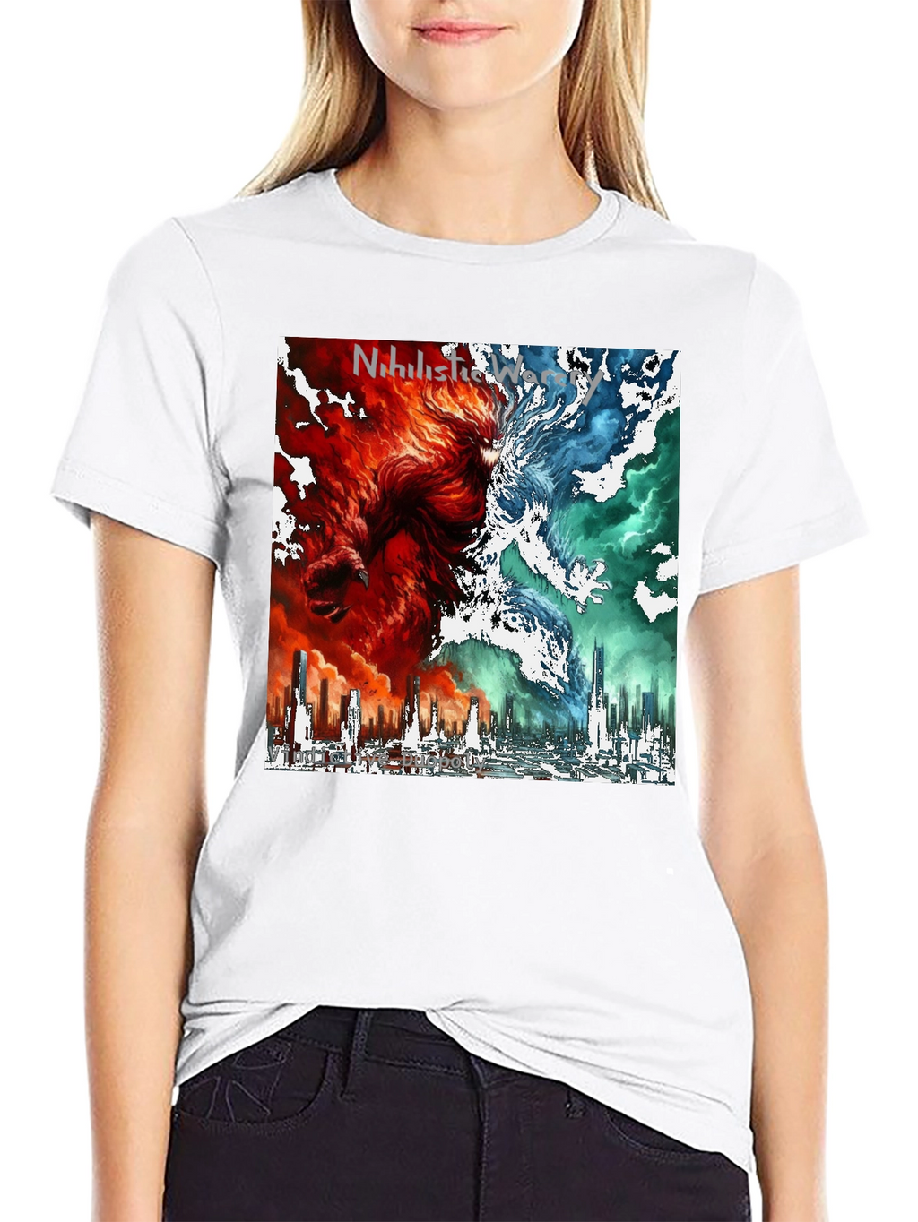 Dual Nature Graphic Tee - Fire & Ice Cityscape