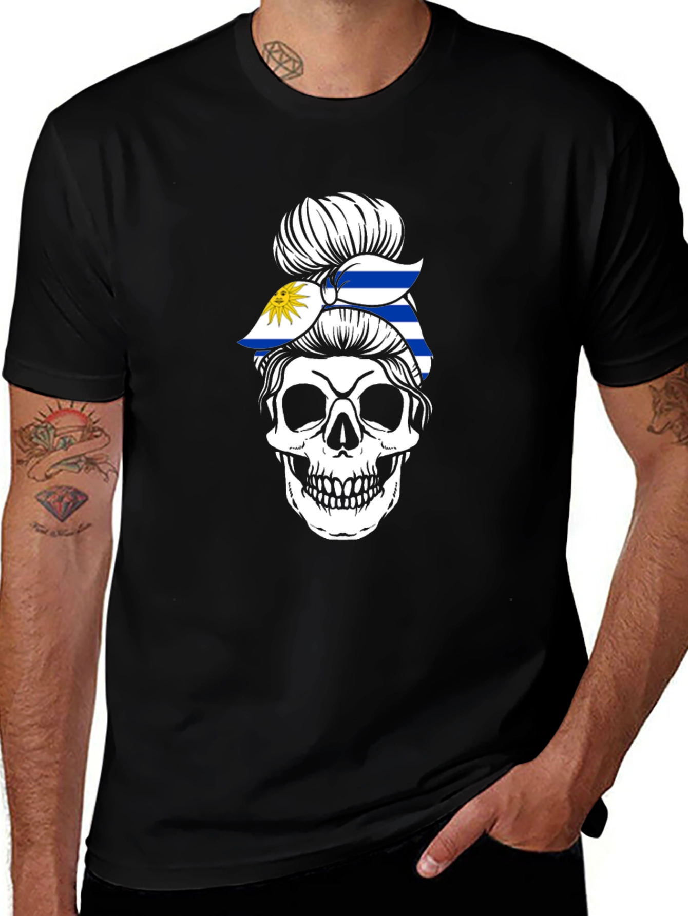 Uruguay Flag Skull Bun T-Shirt - Black