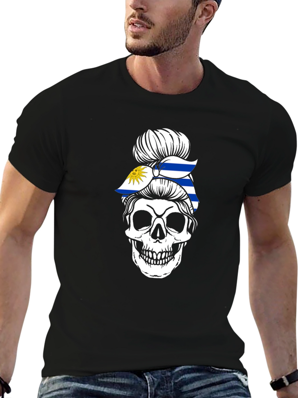 Uruguay Flag Skull Bun T-Shirt - Black