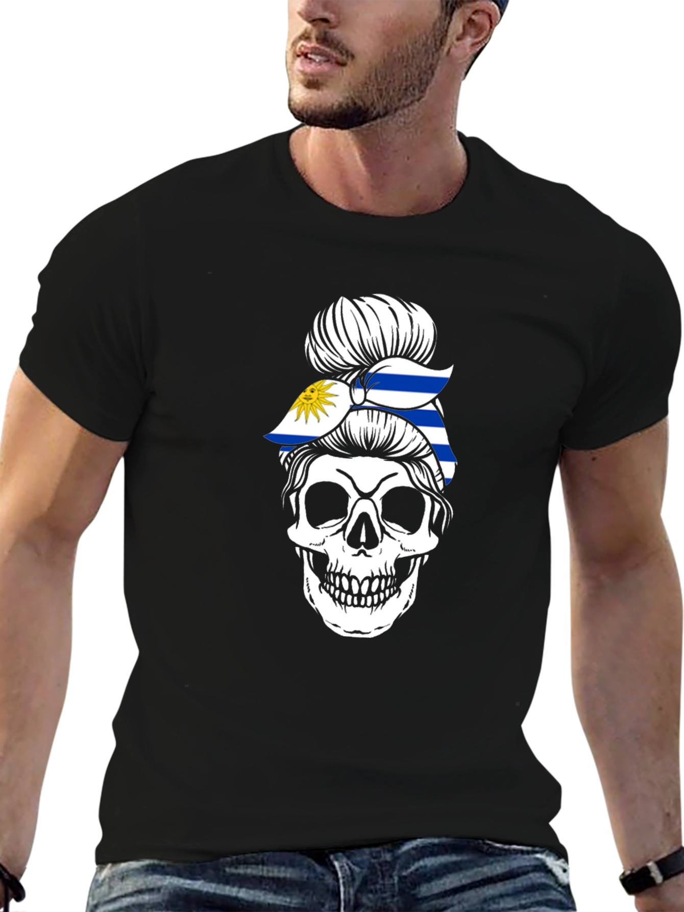 Uruguay Flag Skull Bun T-Shirt - Black