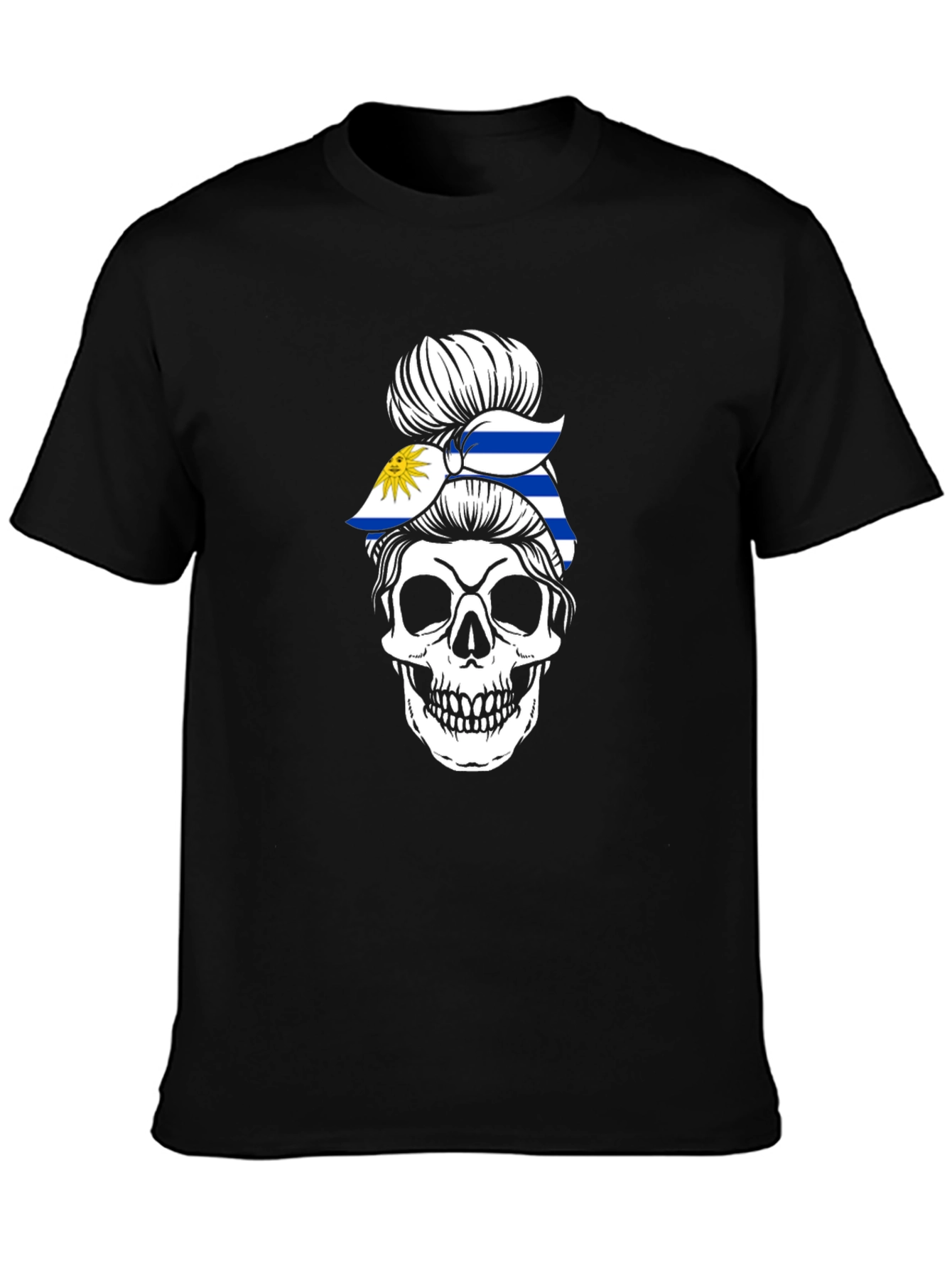 Uruguay Flag Skull Bun T-Shirt - Black