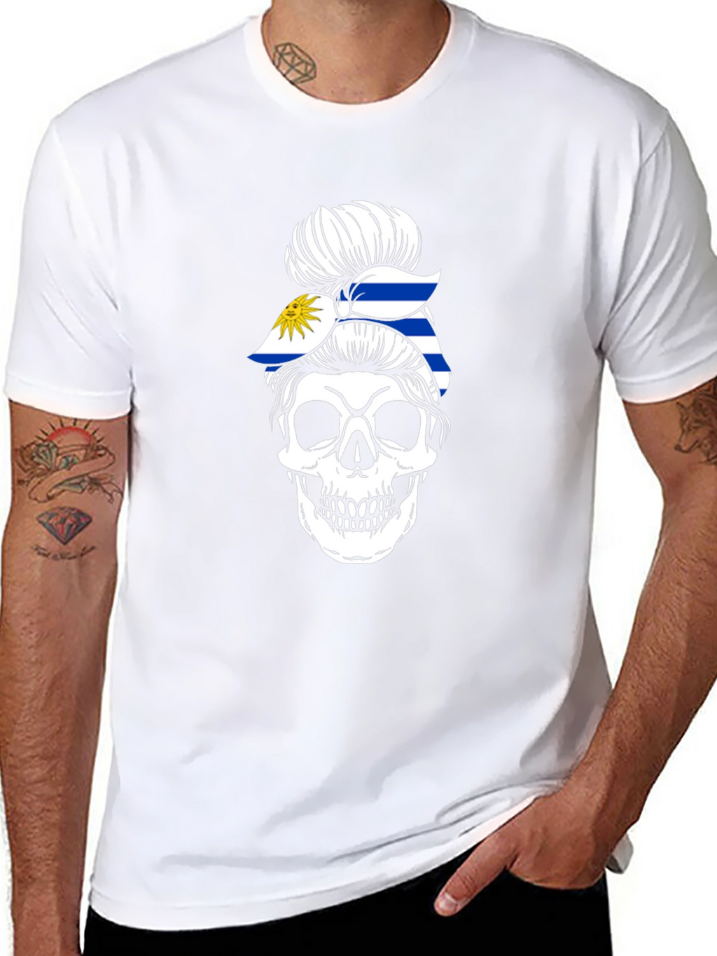 Uruguay Flag Skull Bun T-Shirt - Black