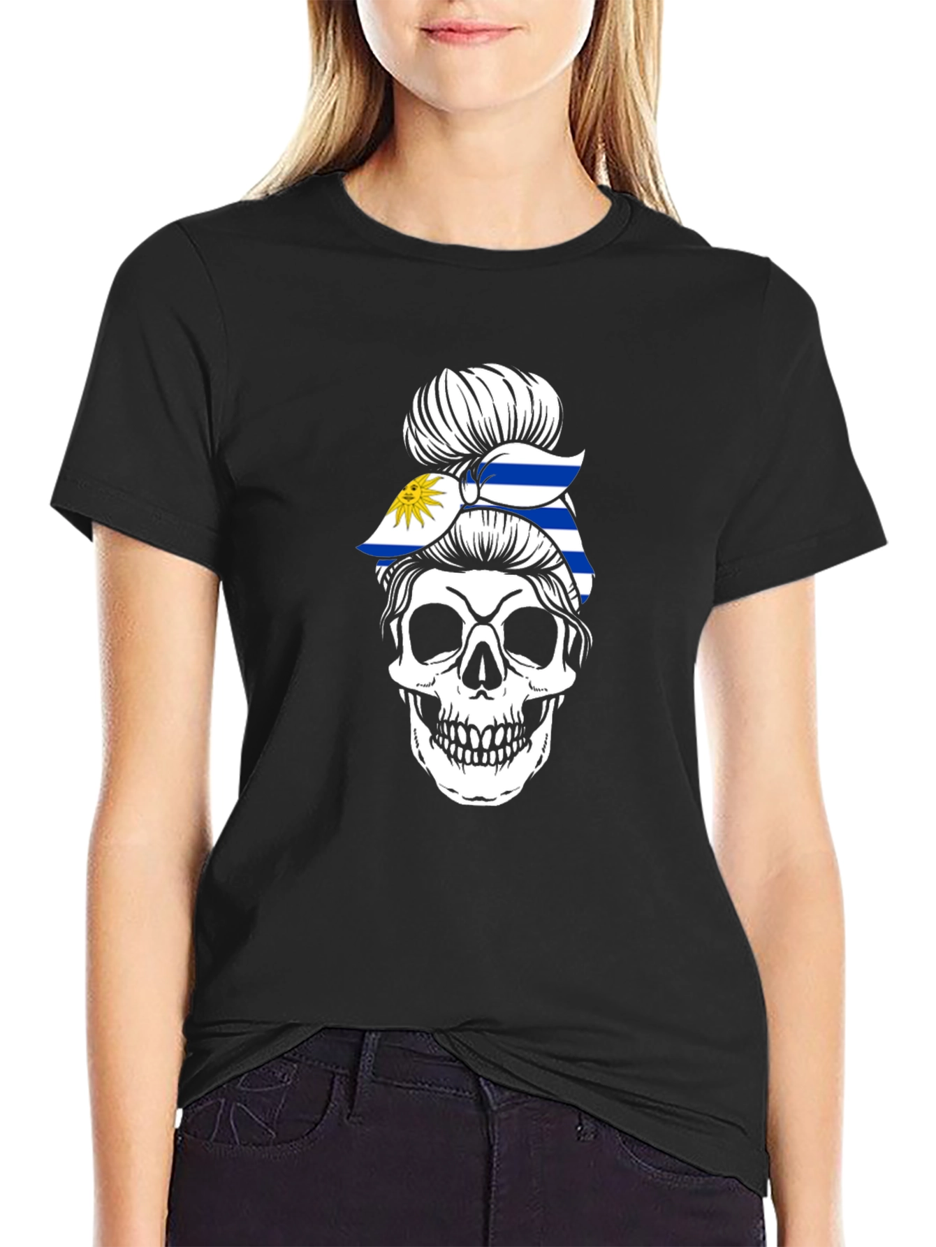 Uruguay Flag Skull Bun T-Shirt - Black
